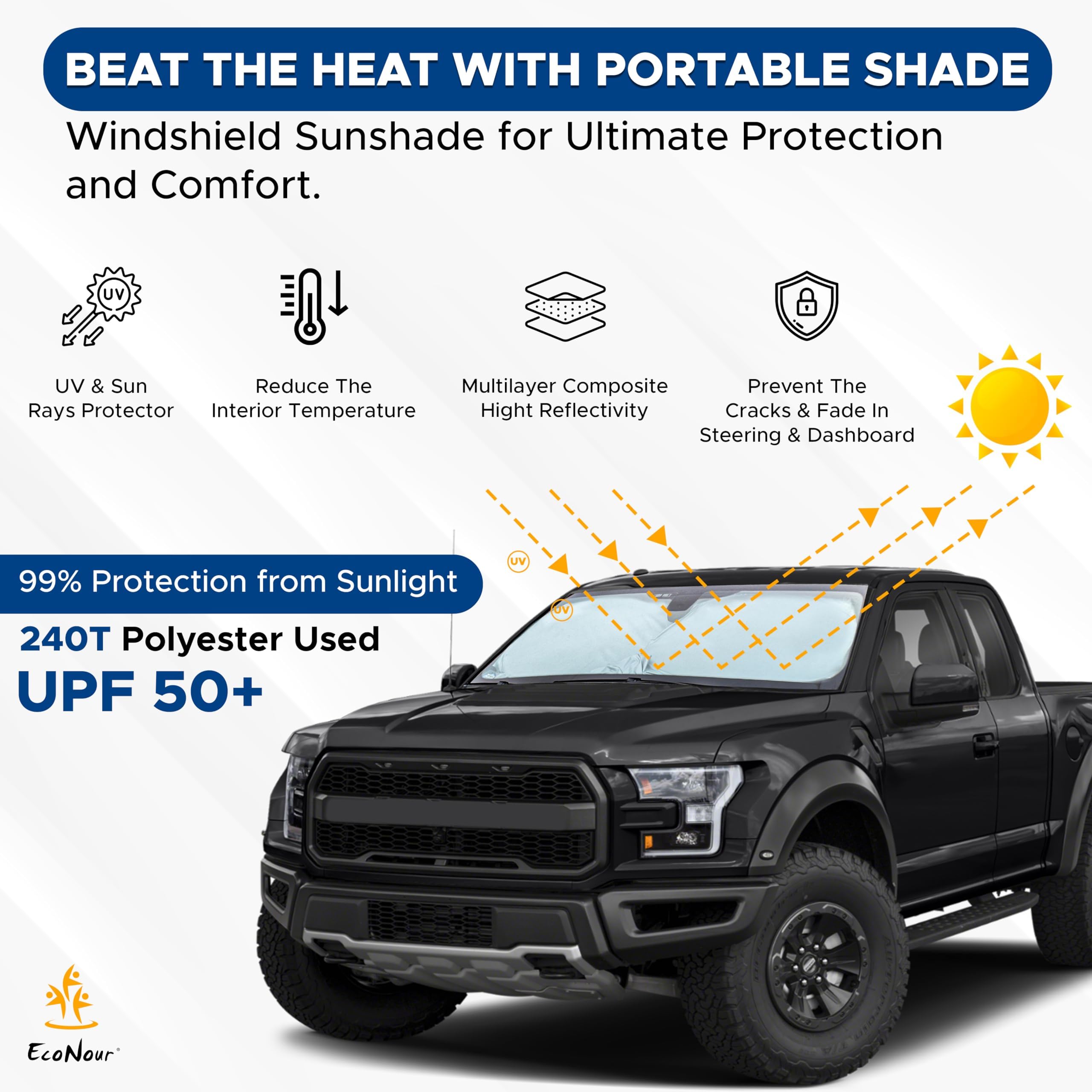 Truck Windshield Sun Shade – EcoNour Foldable Sunshade for Front Windshield