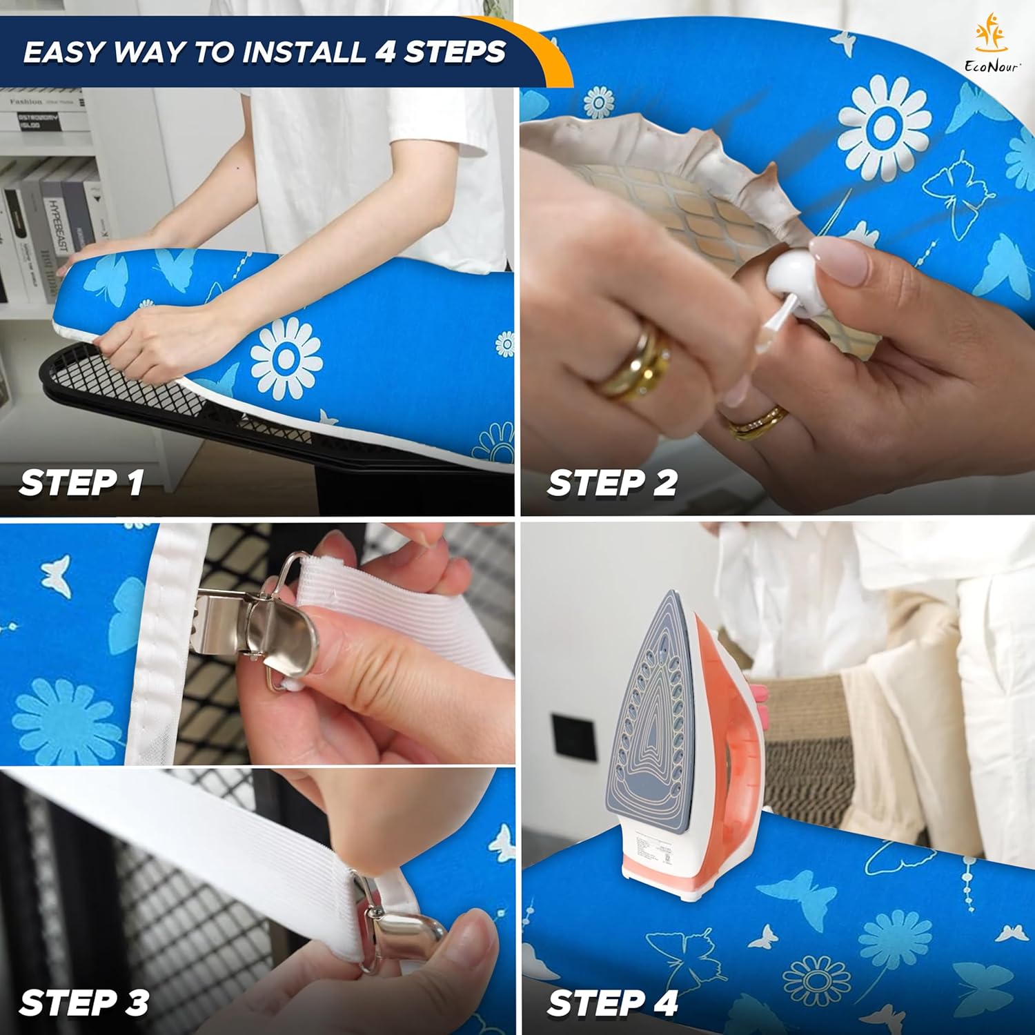 EcoNour Ironing Board Covers 124 x 38 cm Extra Thick 7mm Padding, 100% Cotton Top Covers Easy-Fit for Protecting Ironing Board Cover Complete Set with 4 Strings - Large