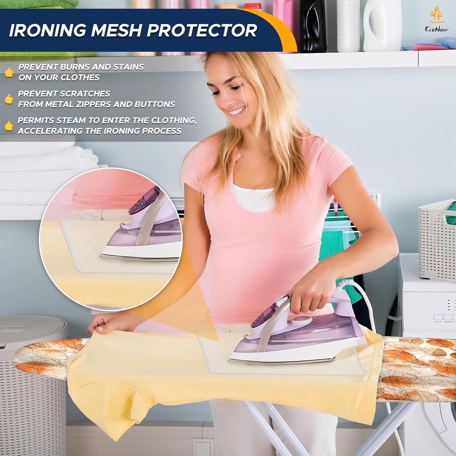 EcoNour Ironing Board Covers 124 x 38 cm Extra Thick 7mm Padding, 100% Cotton Top Covers Easy-Fit for Protecting Ironing Board Cover Complete Set with 4 Strings and Scorch Resistant Padding - Large
