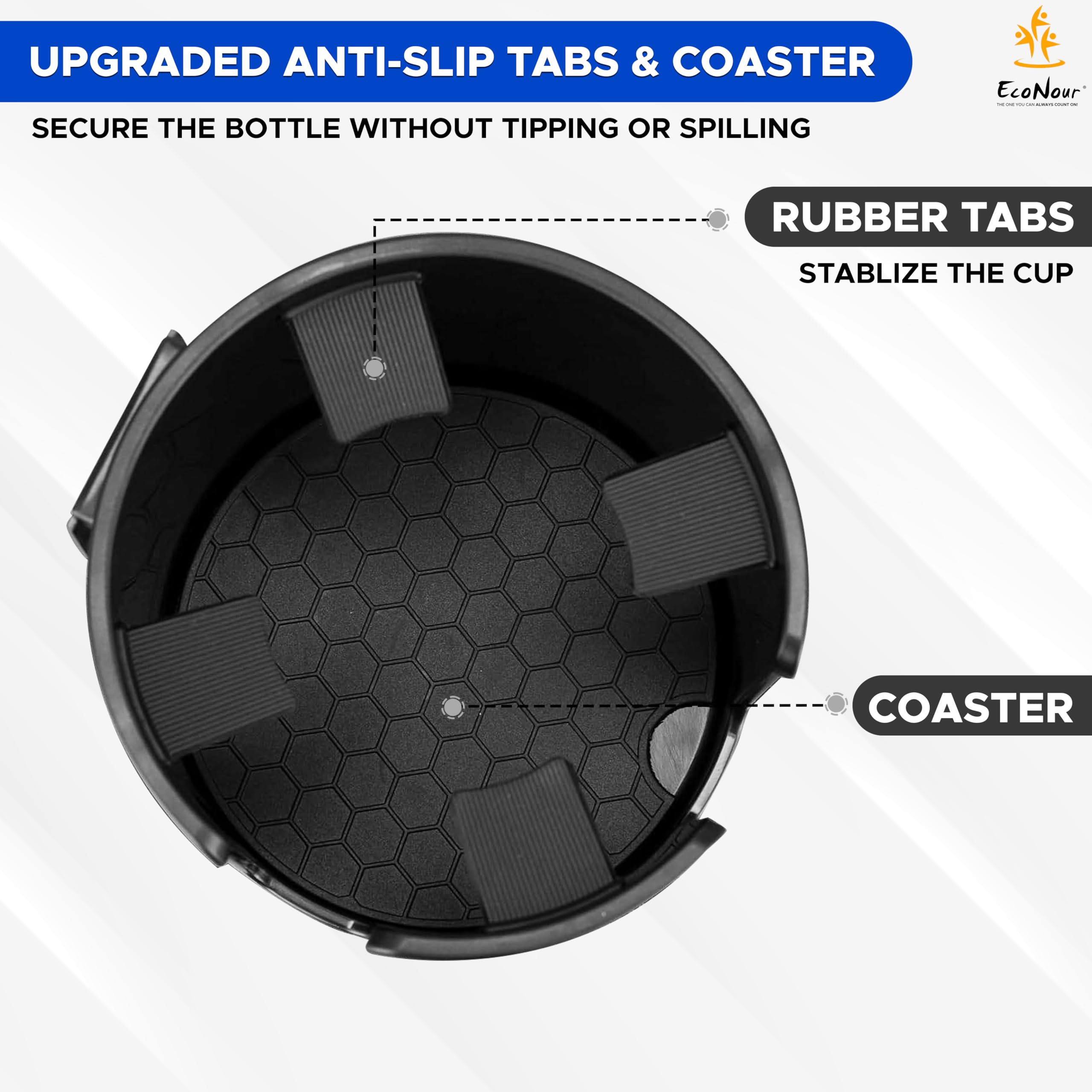 Car Cup Holder Expander by EcoNour, black adjustable holder for drinks and phones.