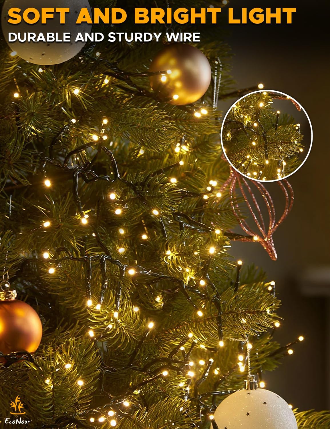 EcoNour 74Ft 1000 LED Cluster Twinkle Lights for Christmas Tree, 8 Modes String Lights for Decoration with Timer and Memory Function, Ambient Warm White Fairy Lights for Magical Home & Garden Decor