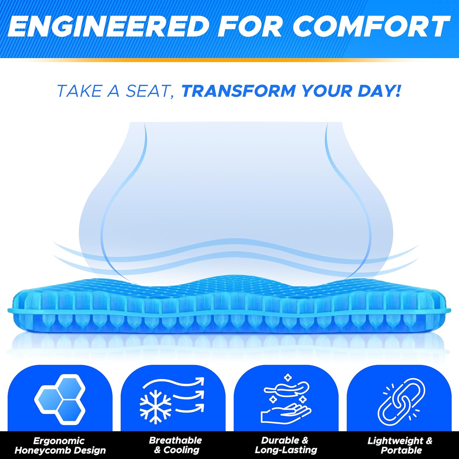 EcoNour Gel Seat Cushion for Pain Relief - Blue | Removable Double-Layer Honeycomb Design for Tailbone & Sciatica Relief | Durable, Breathable & Washable Cover Cushion for Office, Car and Wheelchair