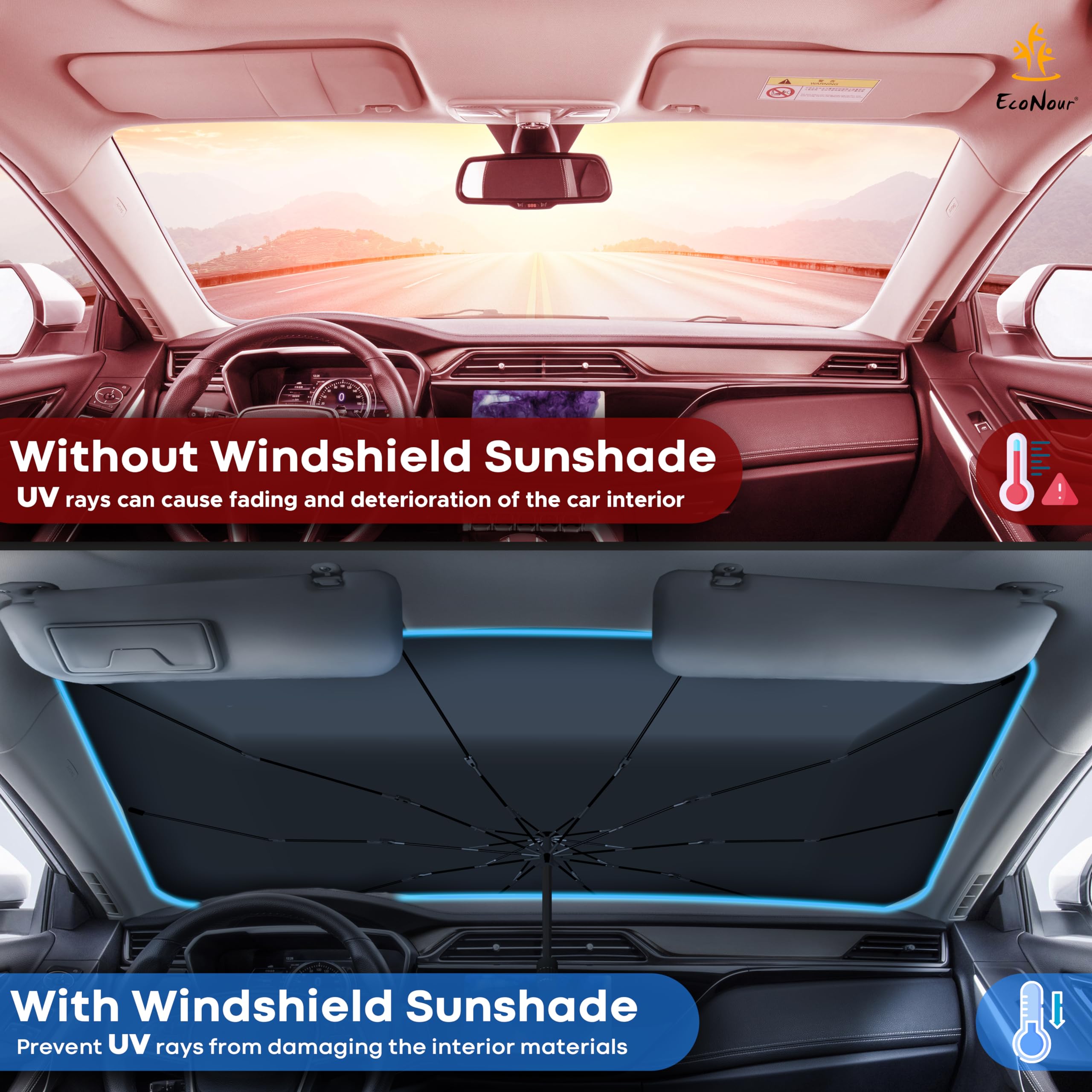 Car Windshield Sun Shade by EcoNour, protects car interior from sun damage.
