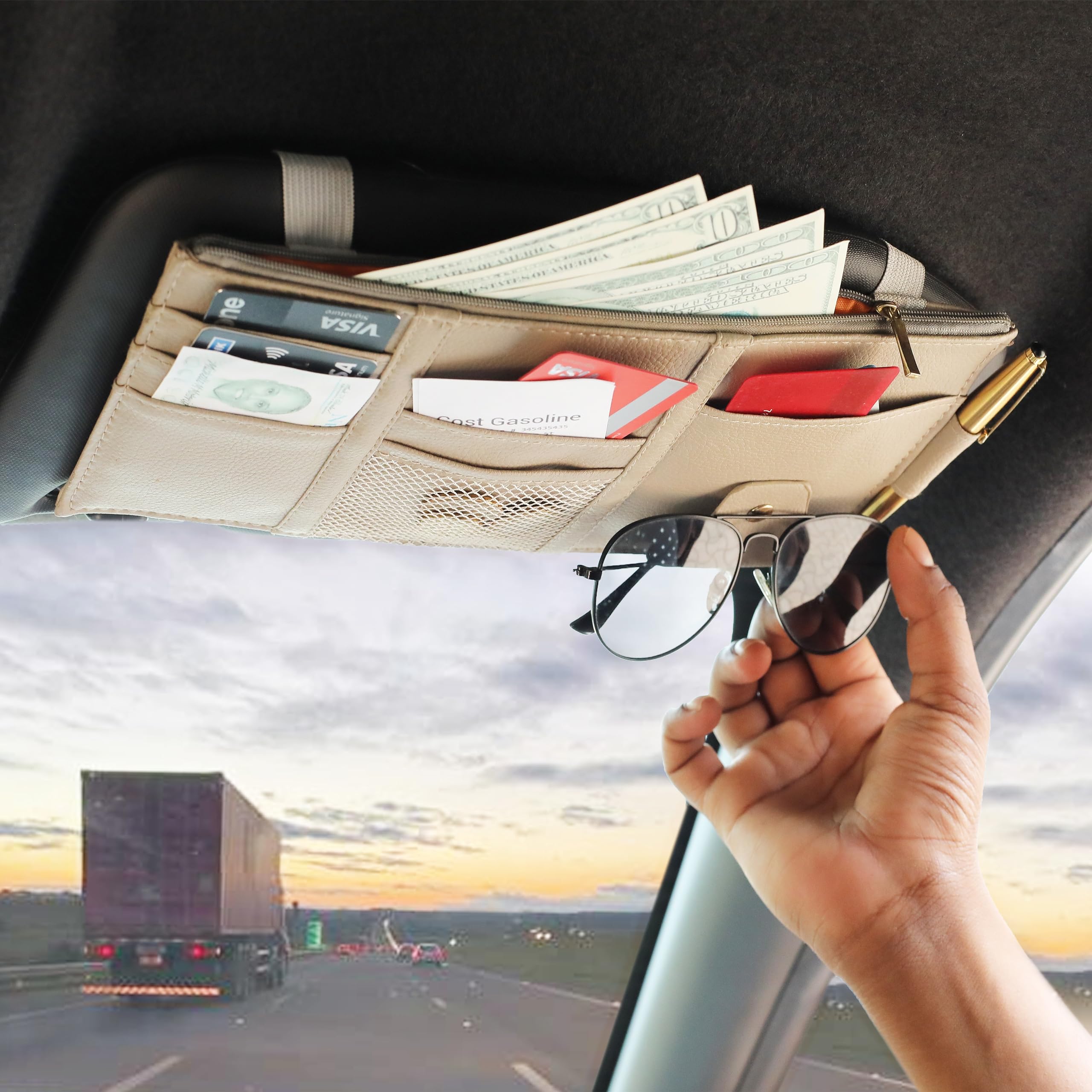 Multi-pocket Car Sun Visor Organizer for easy access to essentials