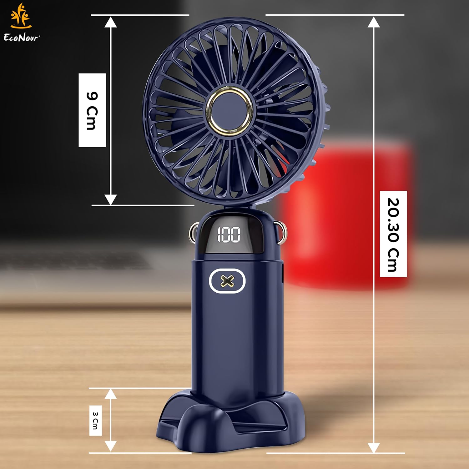 EcoNour Portable Handheld Fan | USB Rechargeable Mini Fan with 5 Speeds | LED Display and Foldable Design | Battery Operated Mini Fan for Home, Office, Bedroom, and Travel