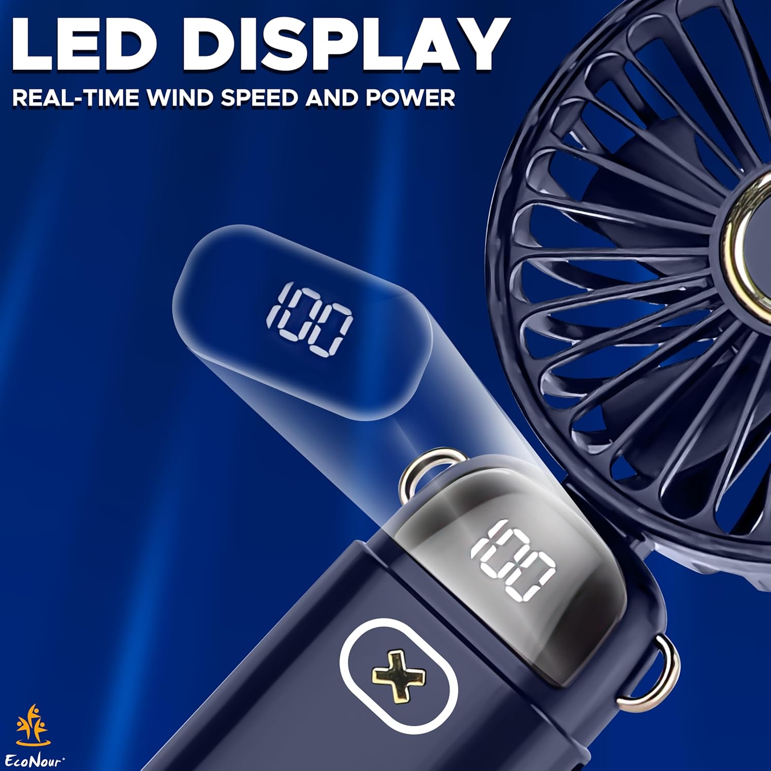 EcoNour Portable Handheld Fan | USB Rechargeable Mini Fan with 5 Speeds | LED Display and Foldable Design | Battery Operated Mini Fan for Home, Office, Bedroom, and Travel