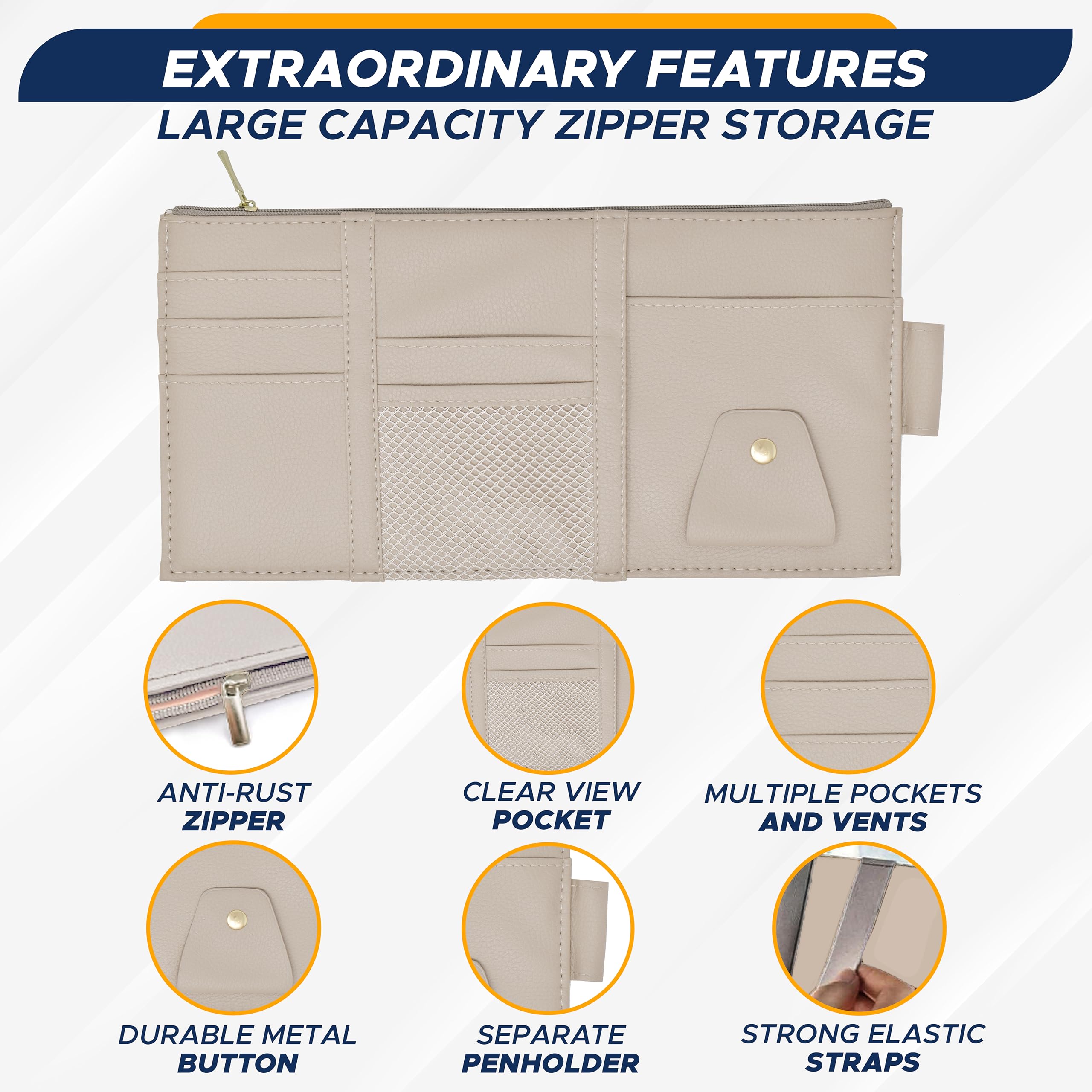 Small beige Car Sun Visor Organizer with zippered storage pouch