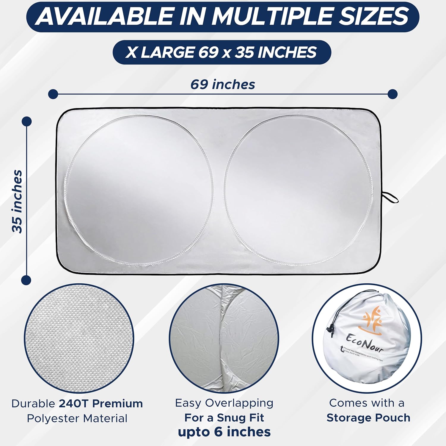 EcoNour Car Windshield Sun Shade with Storage Pouch | Durable 240T Material Car Sun Visor for UV Rays and Sun Heat Protection | Car Interior Accessories for Sun Heat | Large (69 inches x 35 inches)