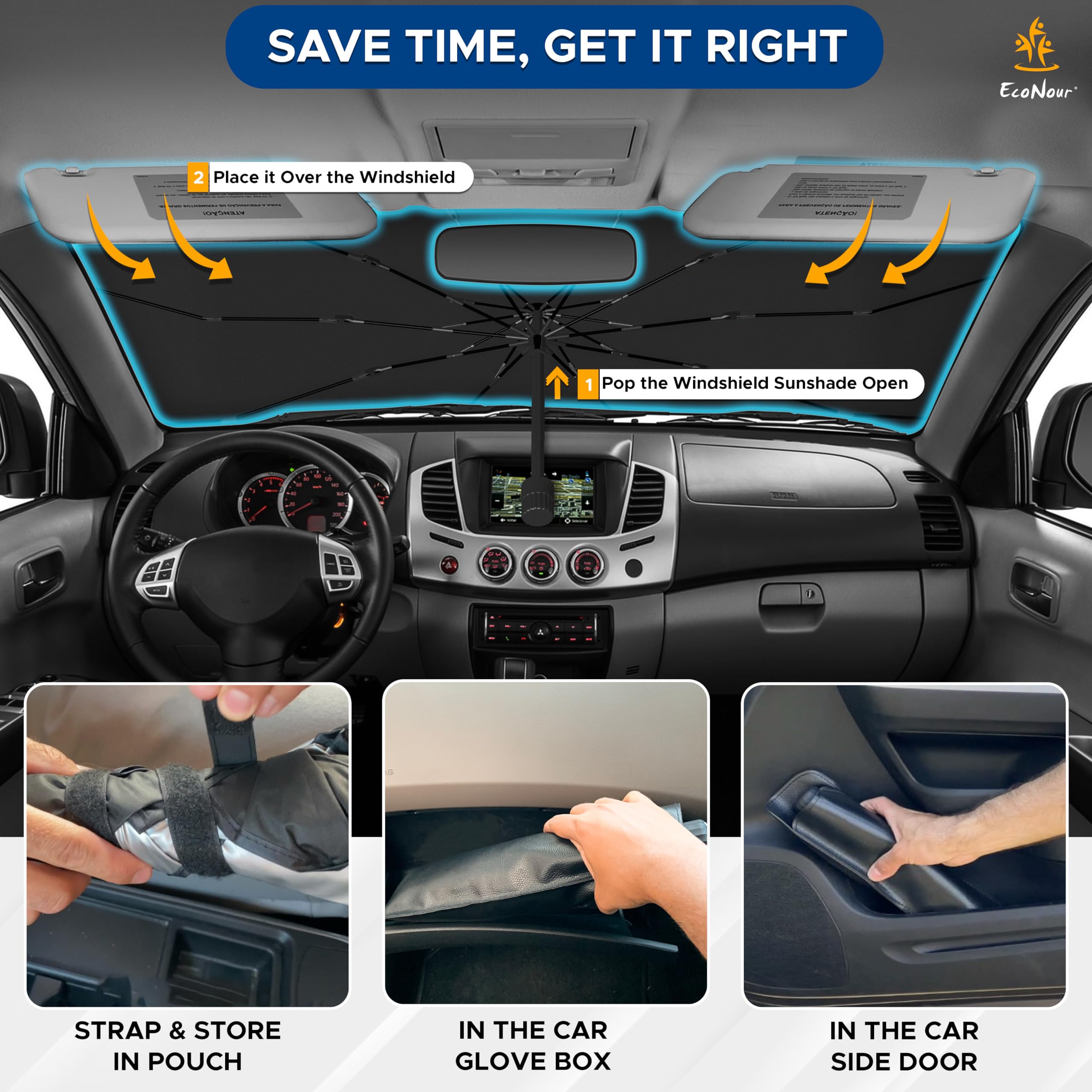 Car Windshield Sun Shade, EcoNour foldable design protects dashboards and interiors