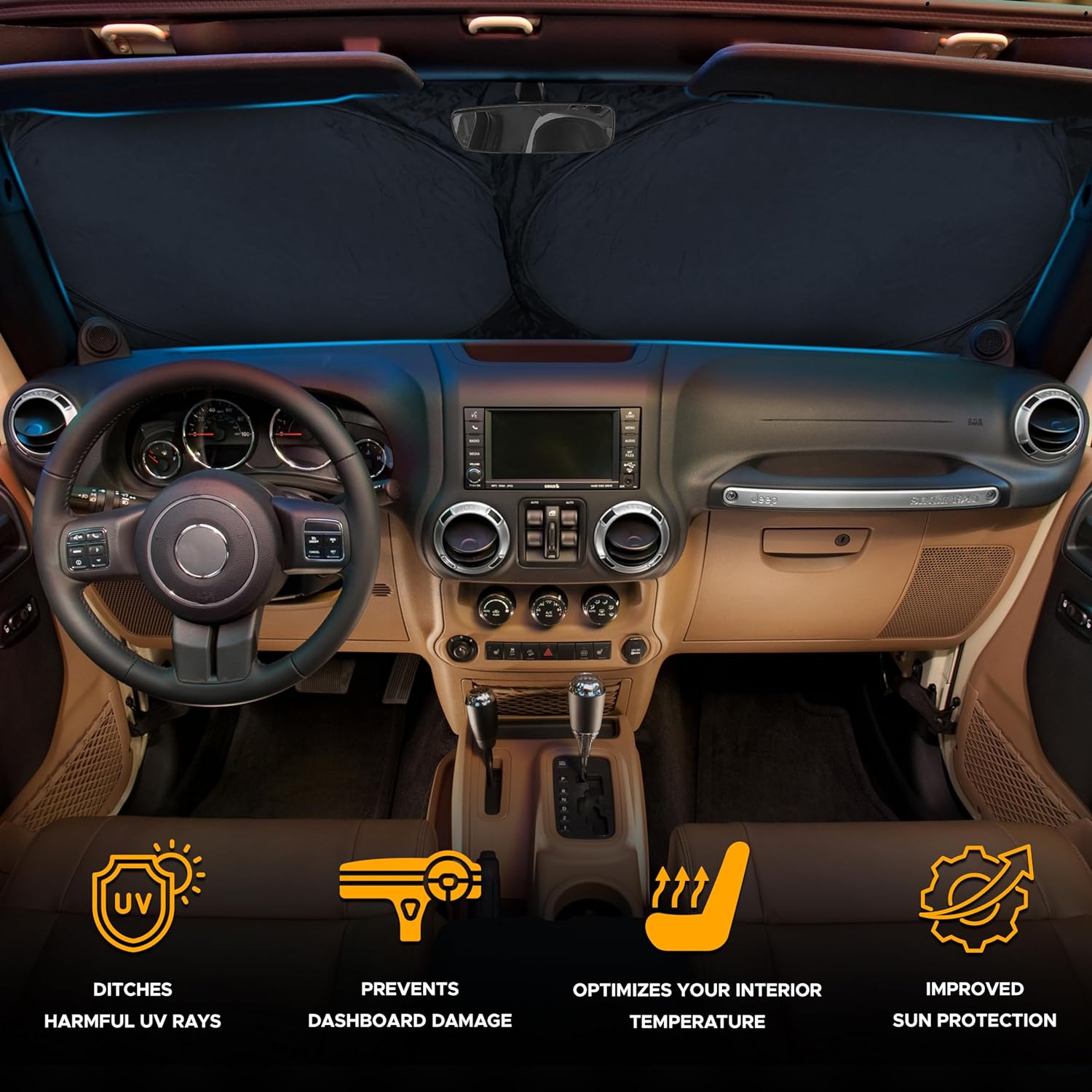 EcoNour Jeep Windshield Sunshade | Sun Visor to Protect UV Rays and Heat Glare | Jeep Accessories Cover | Fits for Wrangler, Gladiator, and Rubicon Models | Jeep Sunshade - X-Small 60 x 21 inches