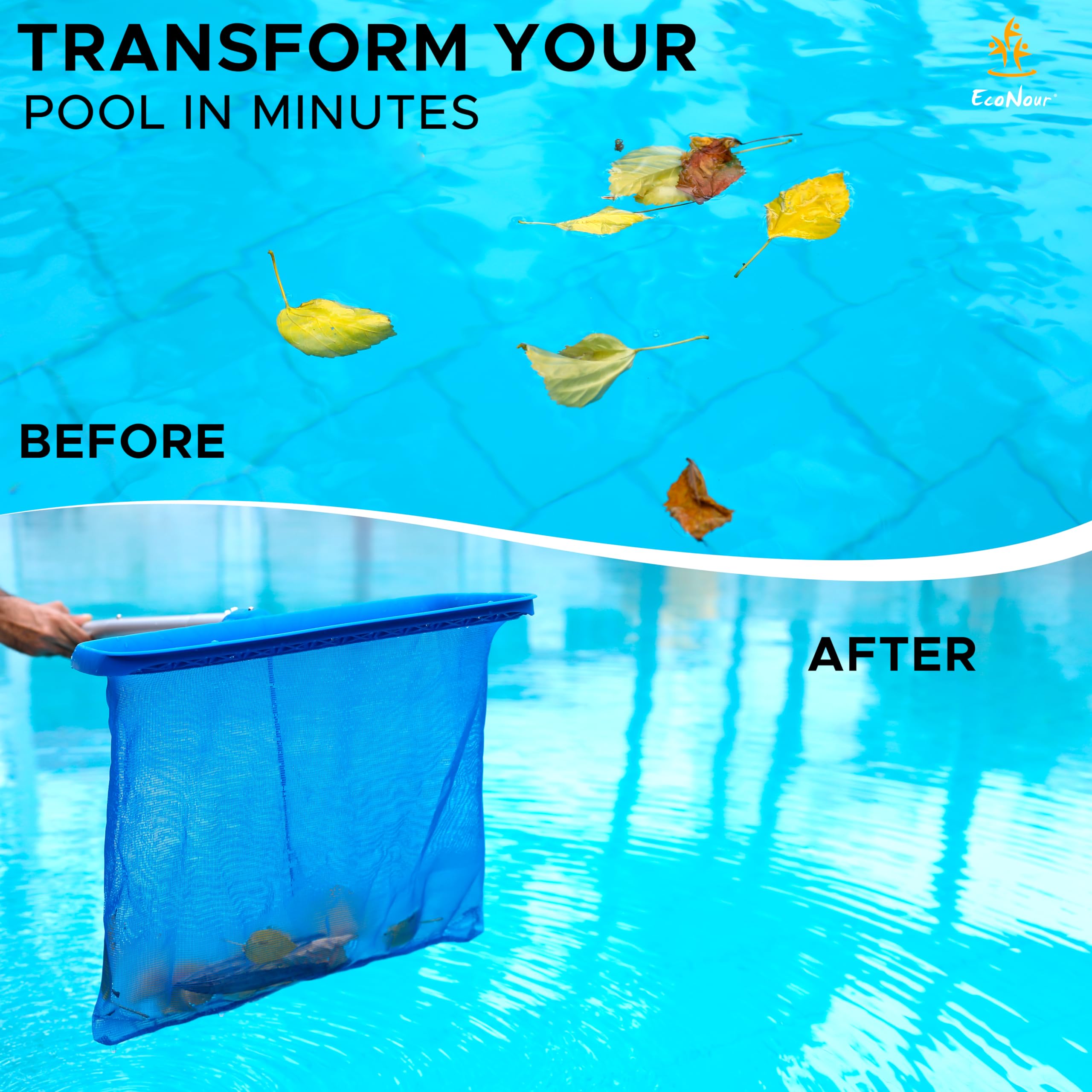 EcoNour Pool Skimmer Net, Pool nets for Cleaning Leaves with deep rake net, Heavy Duty Swimming Pool Leaf Rake Cleaning Tool with Fine Mesh Frame Fits Standard Poles