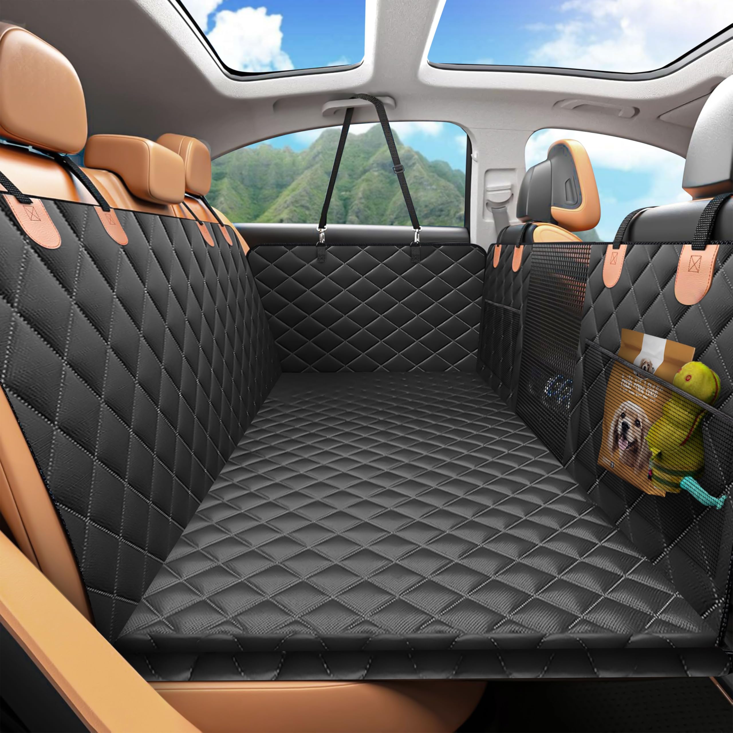 Waterproof Dog Car Seat Cover for Back Seat, EcoNour heavy-duty hammock with straps and PP boards for dogs in cars.