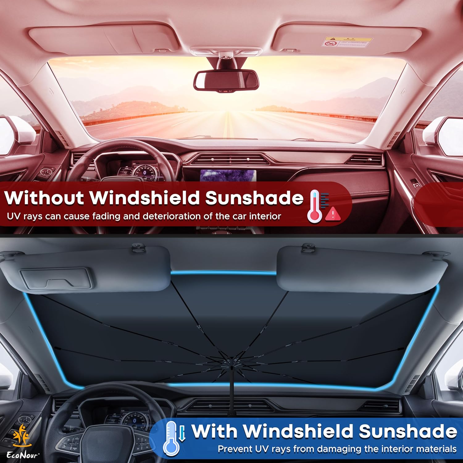 EcoNour Car Windshield Sun Shade, Umbrella Car Sun Shade – Foldable Glass Fiber Car Shade, UV Sunshade for Car Windshield, 240T Polyester Sun Shade Car Windshield, Car Sun Shade Windshield (57