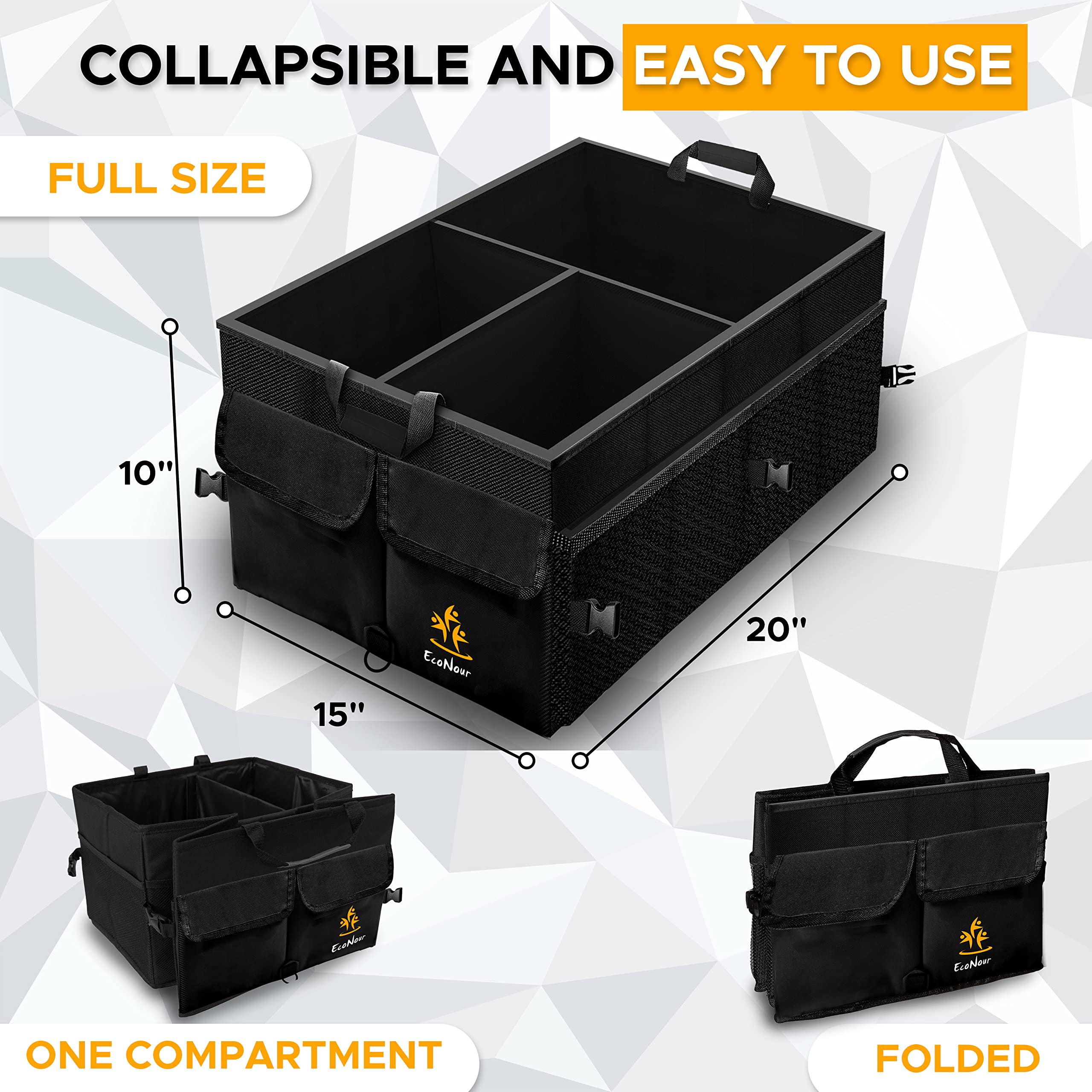 EcoNour Trunk Organizer for Car collapsible with adjustable straps