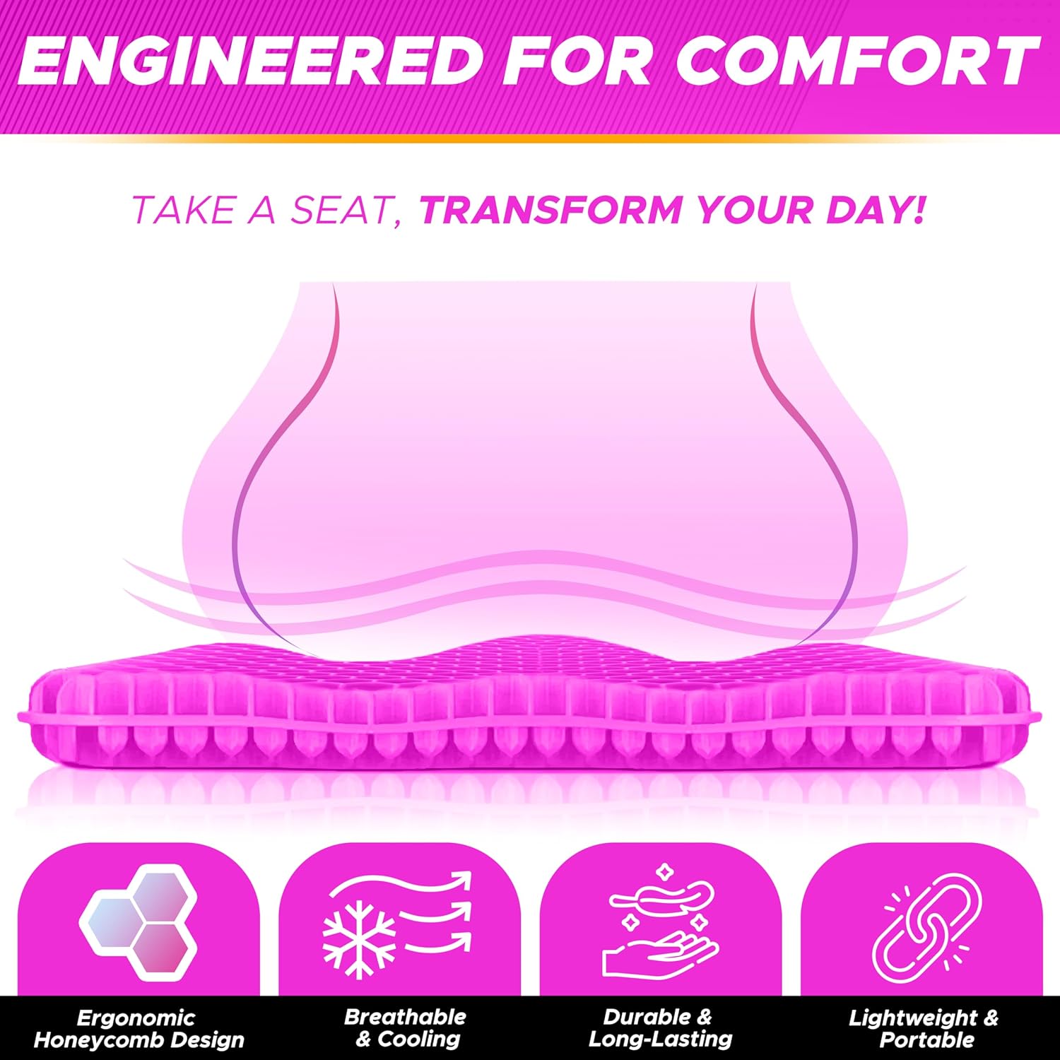 EcoNour Gel Seat Cushion for Pain Relief - Rose Red | Removable Double-Layer Honeycomb Design for Tailbone & Sciatica Relief | Durable, Breathable & Washable Cover Cushion for Office, Car & Wheelchair