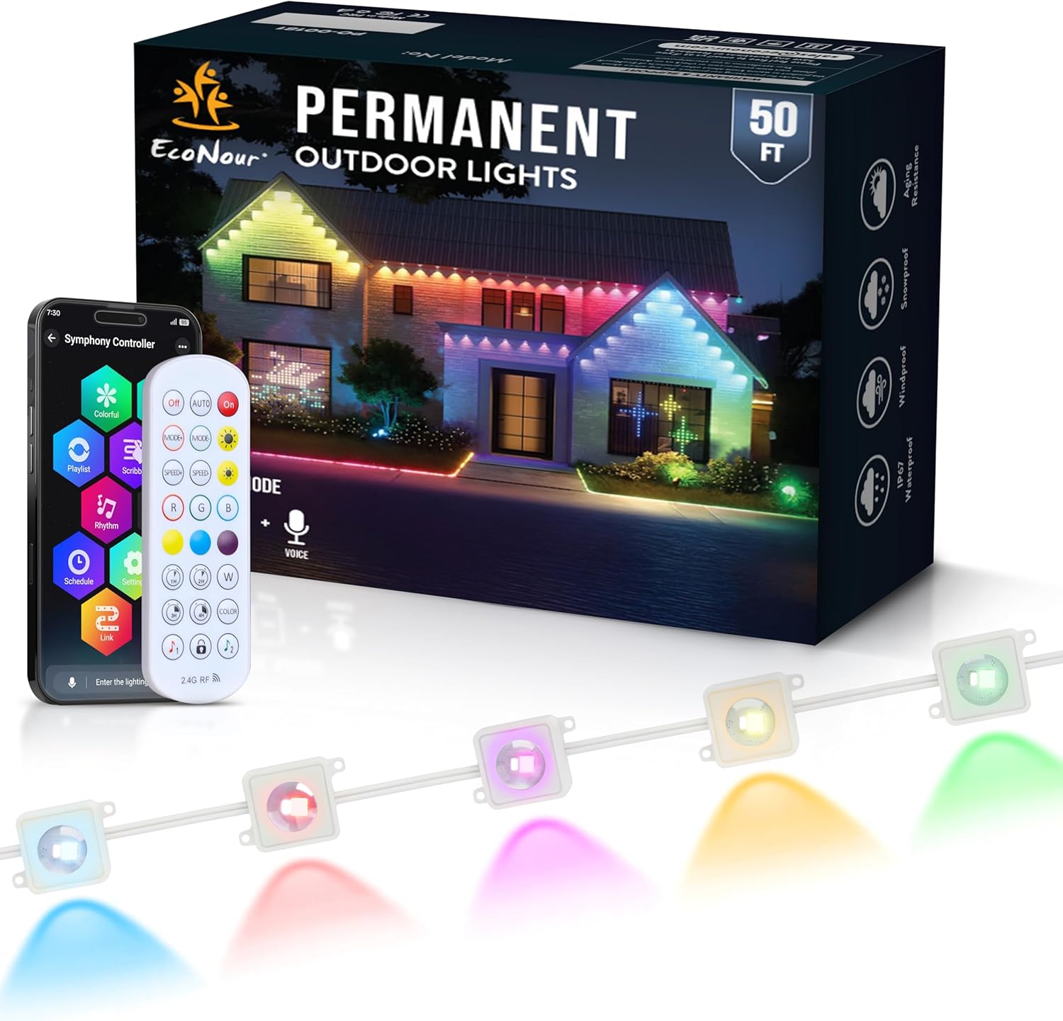 EcoNour 50 FT RGB LED Permanent Outdoor Lights | Smart Waterproof LED Eaves Lights with App & Remote Control | Music Sync, RGB Colorful Light | Alexa Smart Christmas Light for Decorations