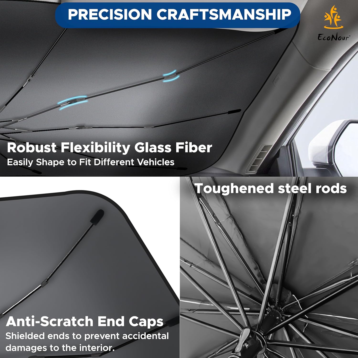 EcoNour Car Windshield Sun Shade, Umbrella Car Sun Shade – Foldable Glass Fiber Car Shade, UV Sunshade for Car Windshield, 240T Polyester Sun Shade Car Windshield, Car Sun Shade Windshield (57