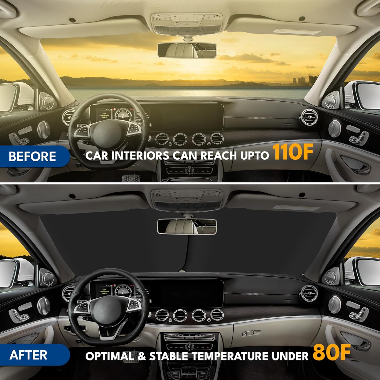 EcoNour 2-Piece Car Windshield Sun Shade | Sun Blocker for Car Windshield Reflects Heat and UV Rays | Foldable Automotive Interior Accessories for Sun Protection | Medium (28 x 31 inches)