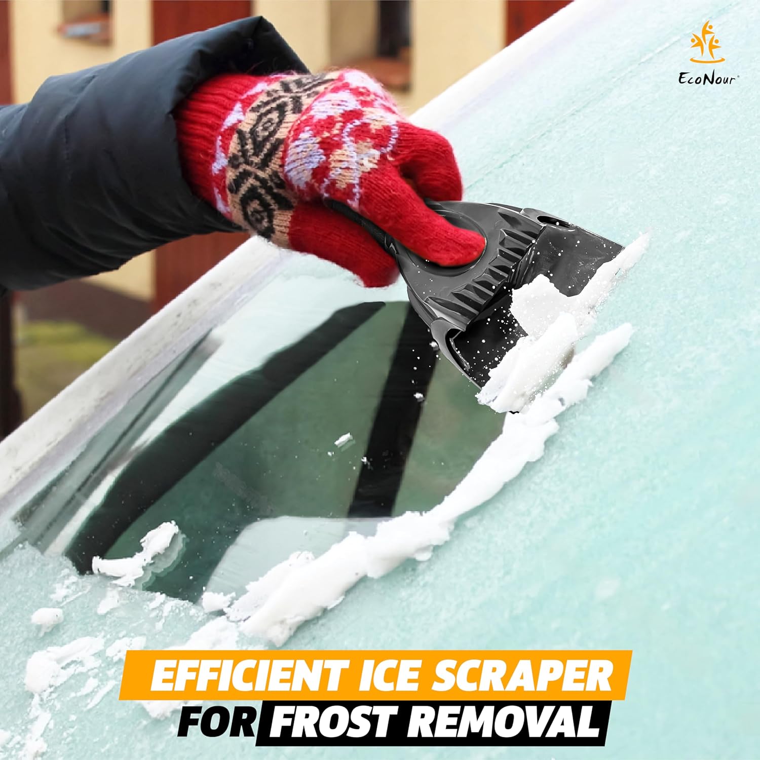 EcoNour Ice Scraper for Car Windshield, heavy-duty tool for snow and ice removal.