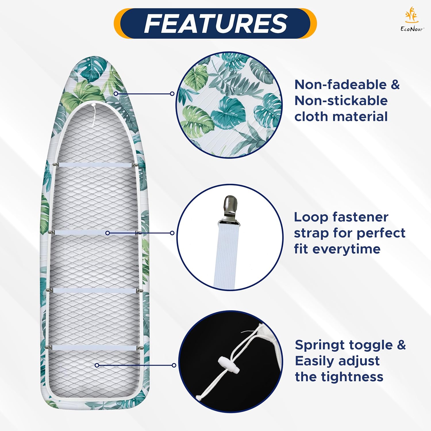 EcoNour Ironing Board Covers 124 x 38 cm Extra Thick 7mm Padding, 100% Cotton Top Covers Easy-Fit for Protecting Ironing Board Cover Complete Set with 4 Strings and Scorch Resistant Padding - Large