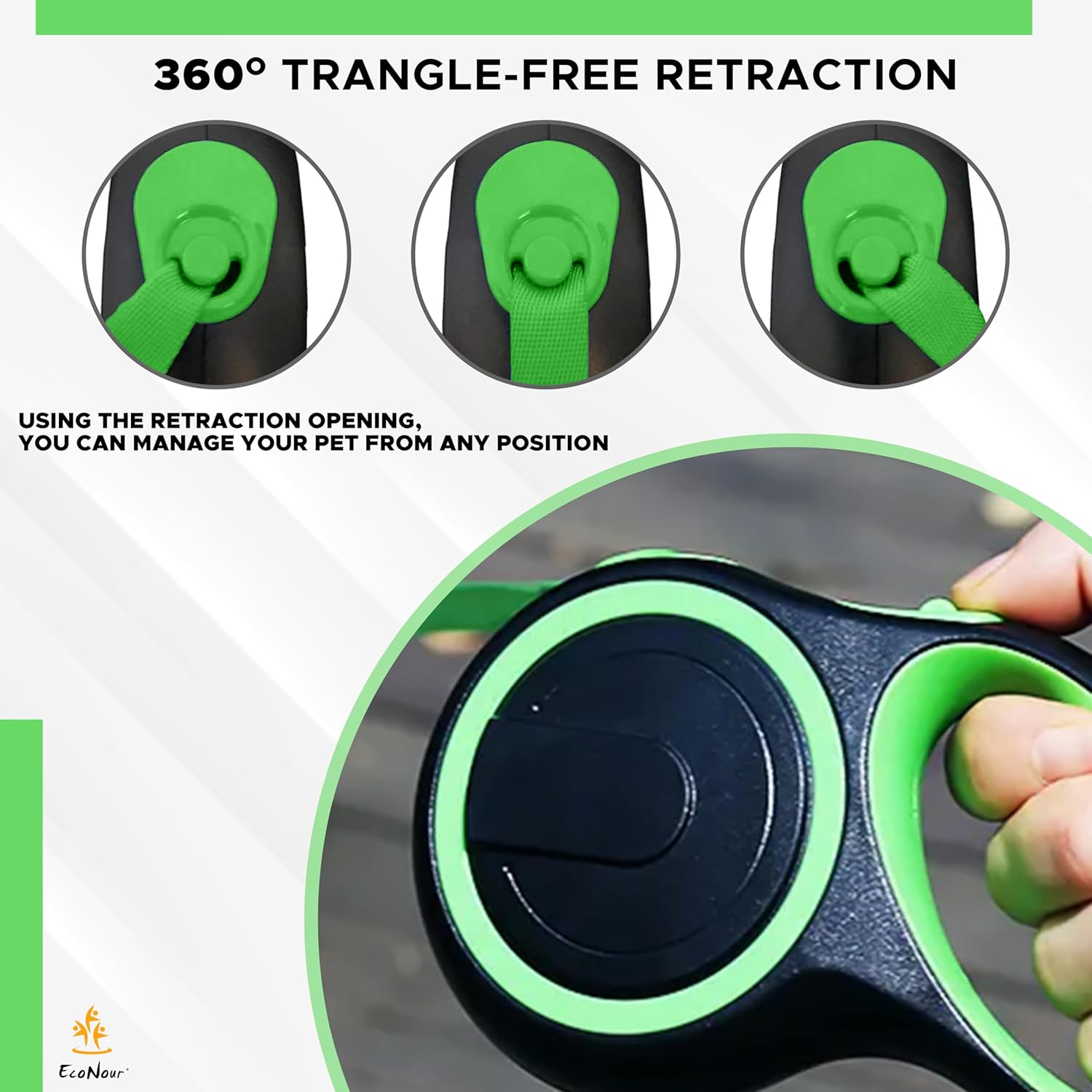 EcoNour 360° Tangle-Free Retractable Dog Leash | 5m Nylon Tape for Dogs Up to 20 Kg | Ergonomic Anti-Slip Handle | Durable Rust-Proof Swivel Hook | Easy One-Handed Break & Lock - Green