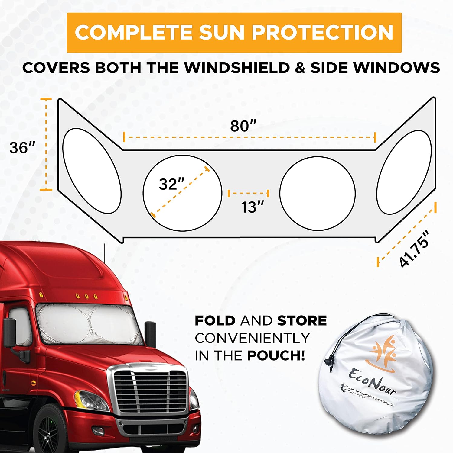 EcoNour Semi-Truck Sun Shade | 240T UV Protective Sunshade for Windshield & Side Windows | Maximum Coverage to Block UV/Sun Heat Rays | Best for Semi, Commercial & Big Rig Trucks
