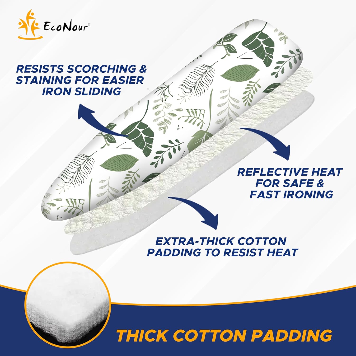 EcoNour Ironing Board Covers 124 x 38 cm Extra Thick 7mm Padding, 100% Cotton Top Covers Easy-Fit for Protecting Ironing Board Cover Complete Set with 4 Strings and Scorch Resistant Padding - Large