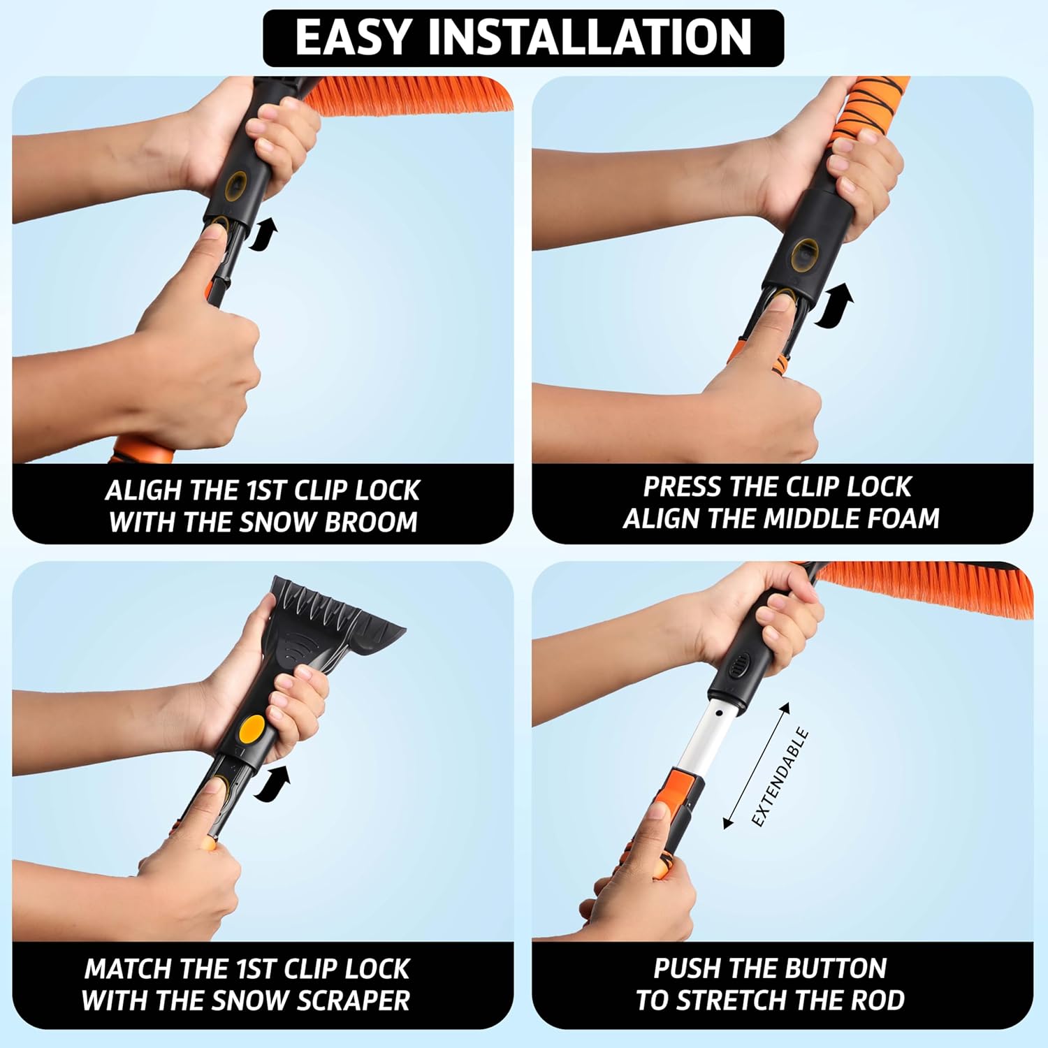 EcoNour 63" Extendable Snow Brush & Ice Scraper with 360° Pivoting Head – Easy Snow Removal for Cars