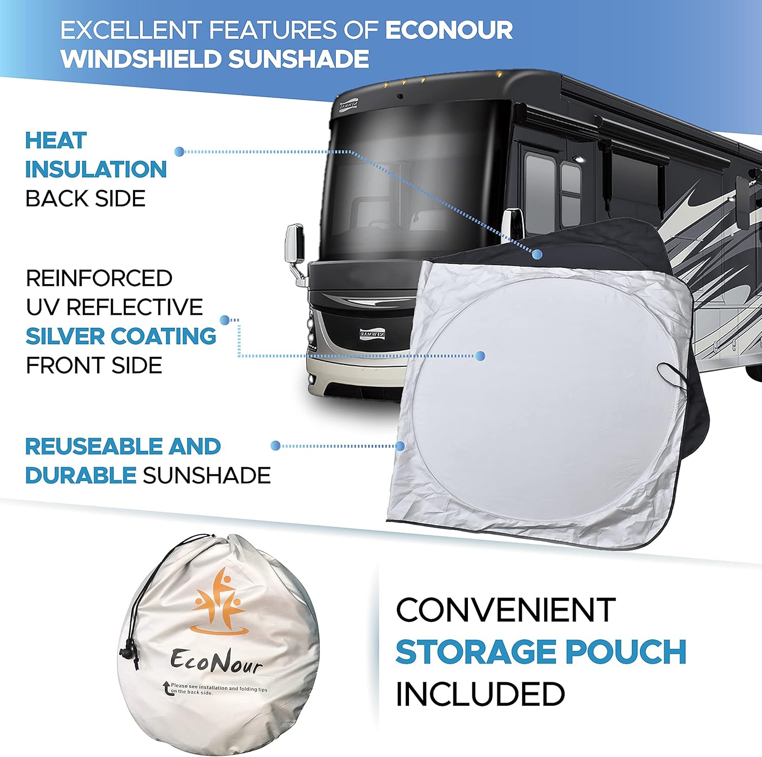 EcoNour RV Bus Windshield Sunshade with Storage Pouch | 240T UV Reflective Nylon Keeps Your RV Motorhome Cool | for Front RVs, Trucks, Motorhomes, Large Bus Windshield Sun Shade | XXL(51