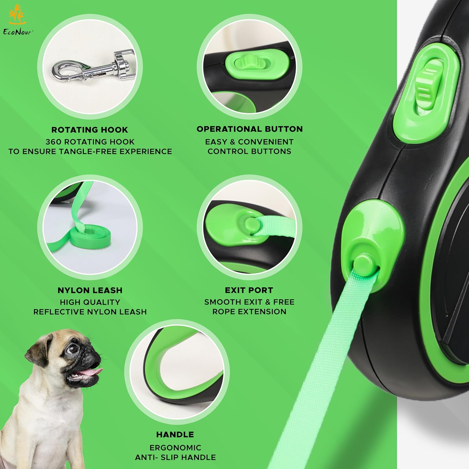 EcoNour 360° Tangle-Free Retractable Dog Leash | 5m Nylon Tape for Dogs Up to 20 Kg | Ergonomic Anti-Slip Handle | Durable Rust-Proof Swivel Hook | Easy One-Handed Break & Lock - Green