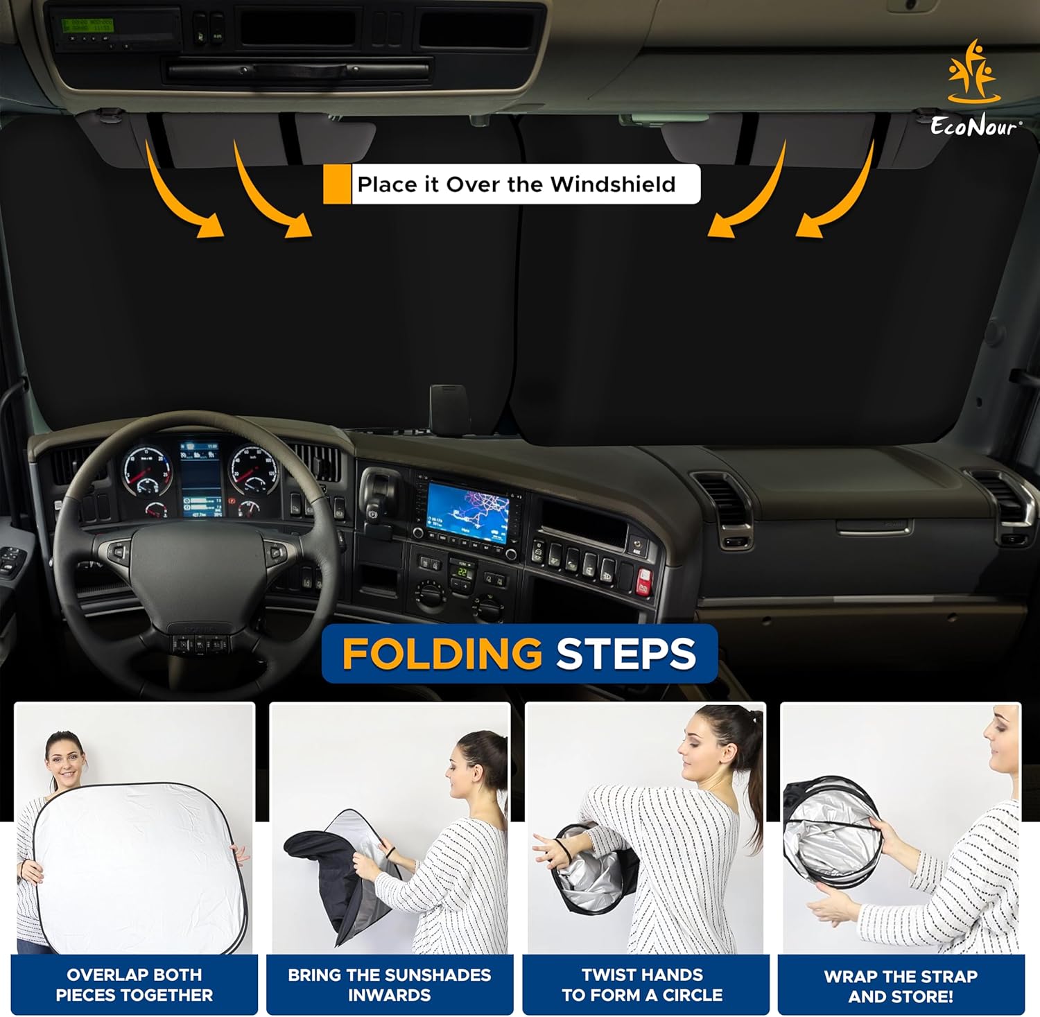 EcoNour Car Windshield Sun Shade (2 Pieces) - 41.5 x 50 inches Car Sun Shade Made of Durable 240T Reflective Polyester Blocks Heat and UV Rays - XXL Foldable Windshield Sunshade RV Accessories