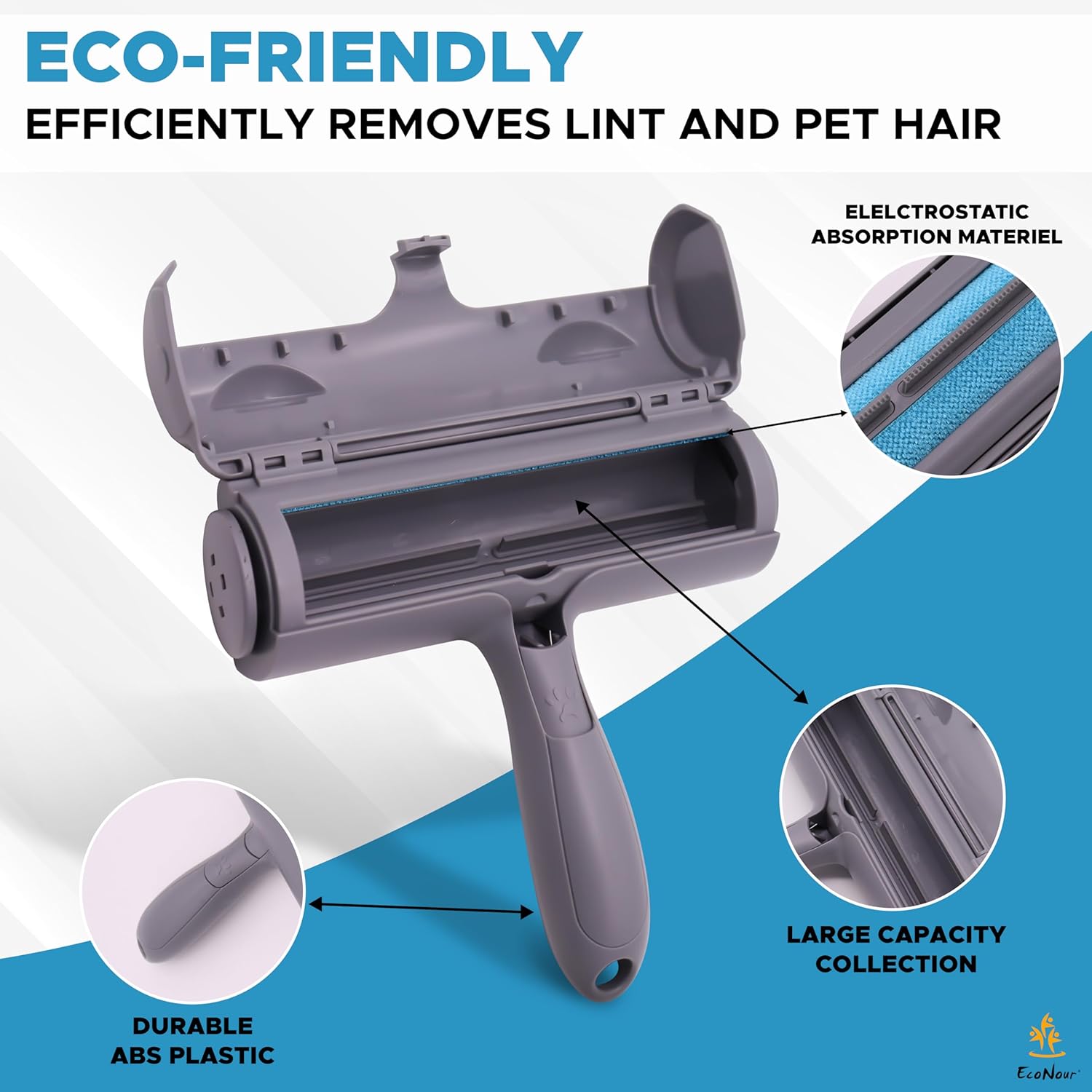 EcoNour Pet Hair Remover Roller | Cat & Dog Hair Remover | Resuable Pet Hair Remover Brush | Self Clean Lint Roller for Pet Hair | Pet Hair and Fur Remover Tool | Dog & Cat Hair Remover Couch, Carpet
