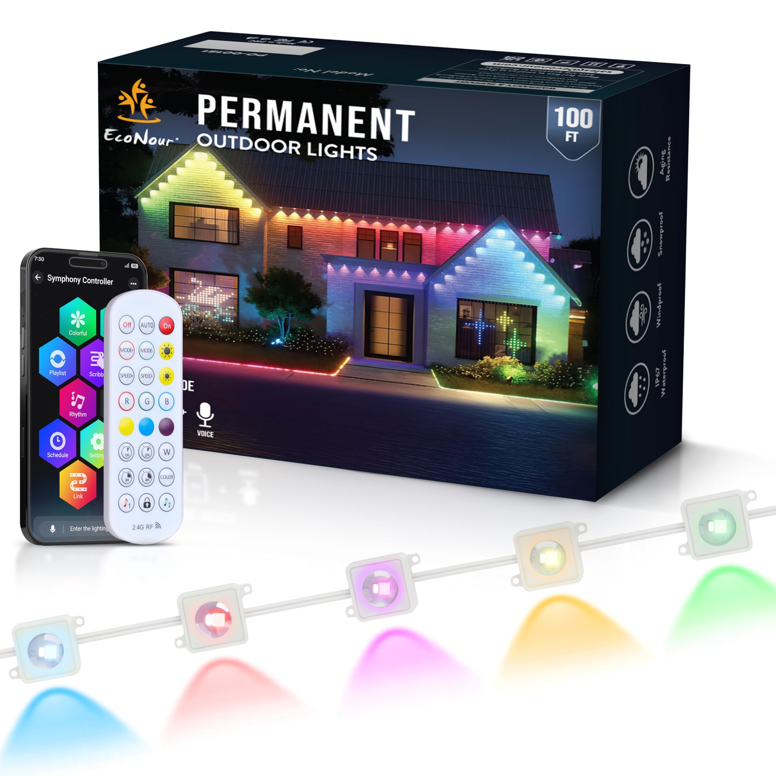 EcoNour 50 FT RGB LED Permanent Outdoor Lights | Smart Waterproof LED Eaves Lights with App & Remote Control | Music Sync, RGB Colorful Light | Alexa Smart Christmas Light for Decorations