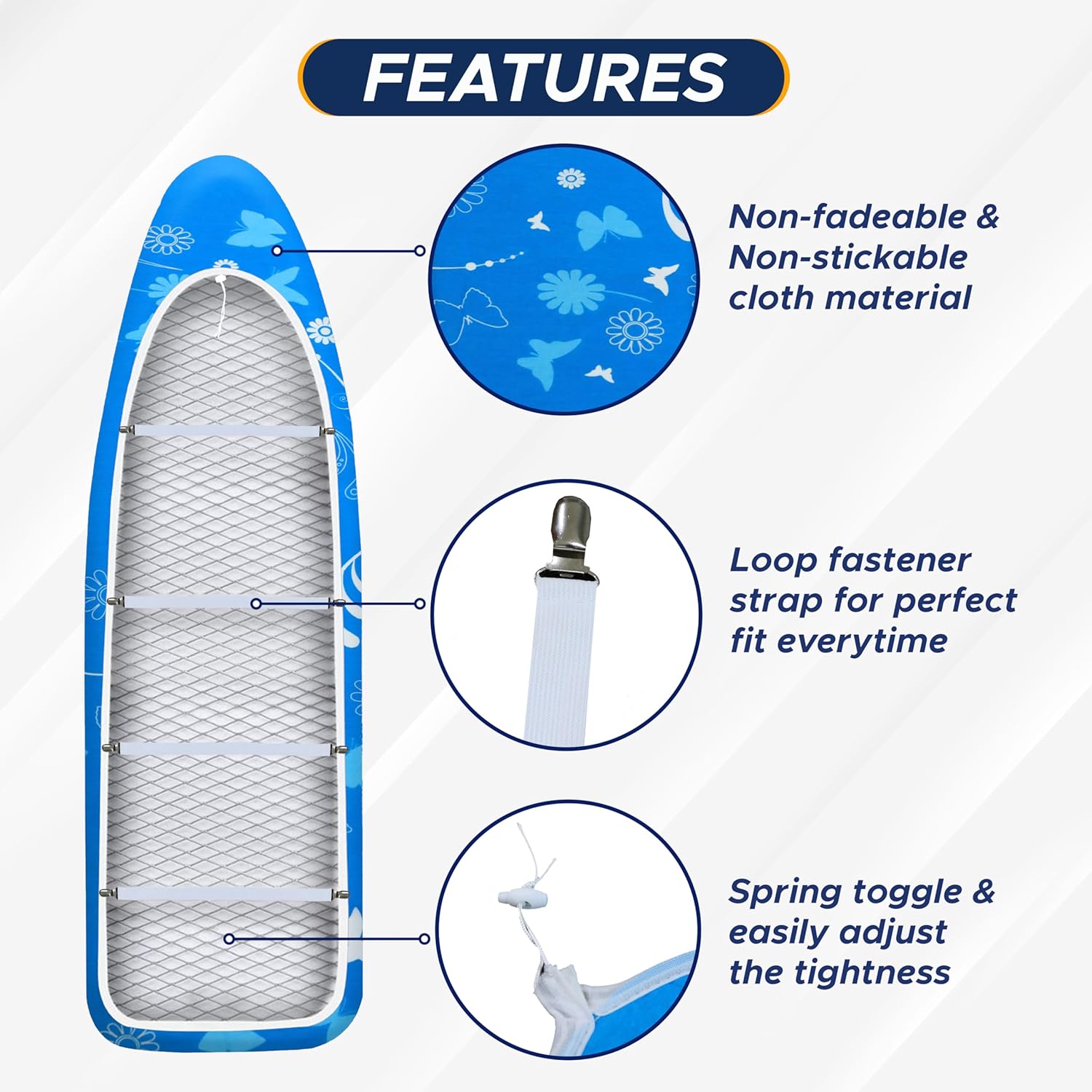 EcoNour Ironing Board Covers 124 x 38 cm Extra Thick 7mm Padding, 100% Cotton Top Covers Easy-Fit for Protecting Ironing Board Cover Complete Set with 4 Strings - Large