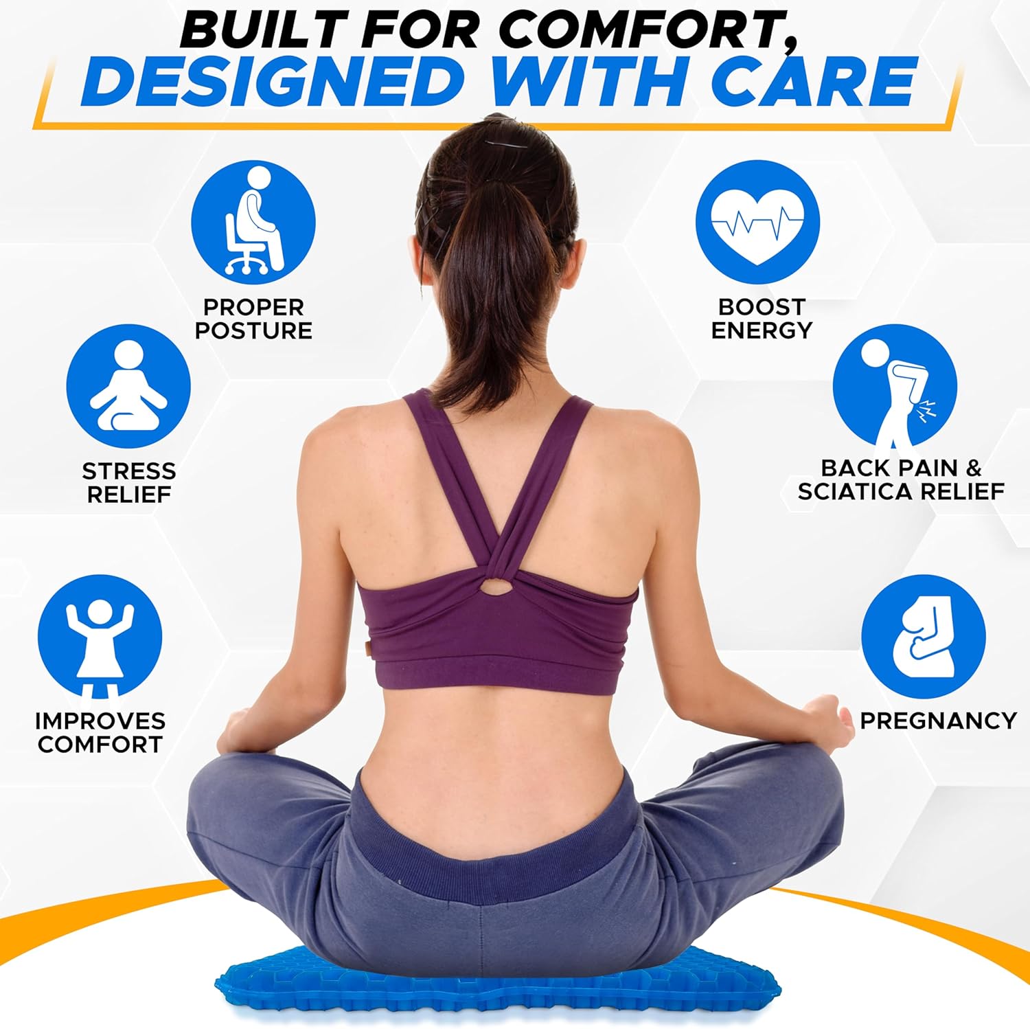 EcoNour Gel Seat Cushion for Pain Relief - Blue | Removable Double-Layer Honeycomb Design for Tailbone & Sciatica Relief | Durable, Breathable & Washable Cover Cushion for Office, Car and Wheelchair