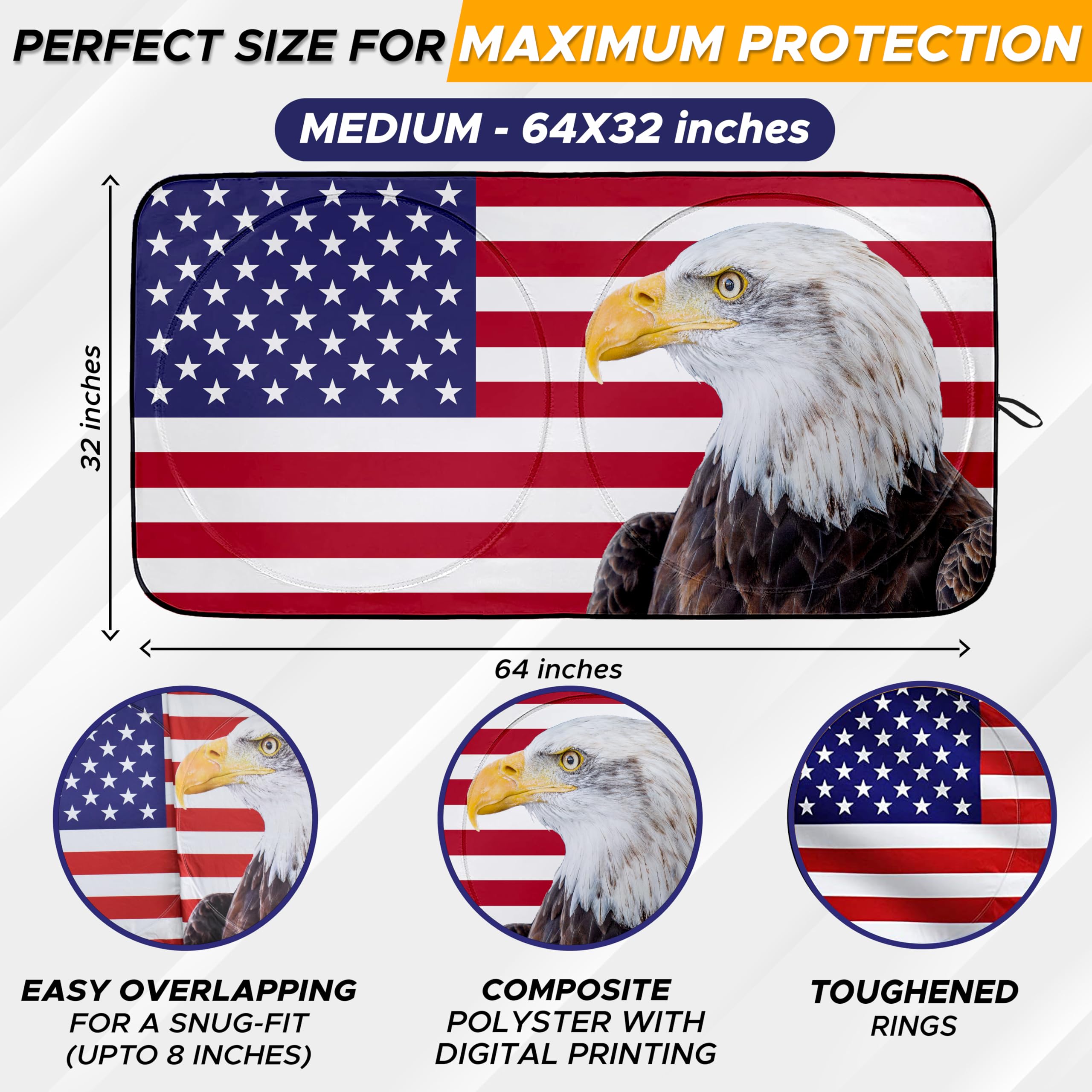 240T Patriotic Windshield Sun Shade blocks UV rays and heat