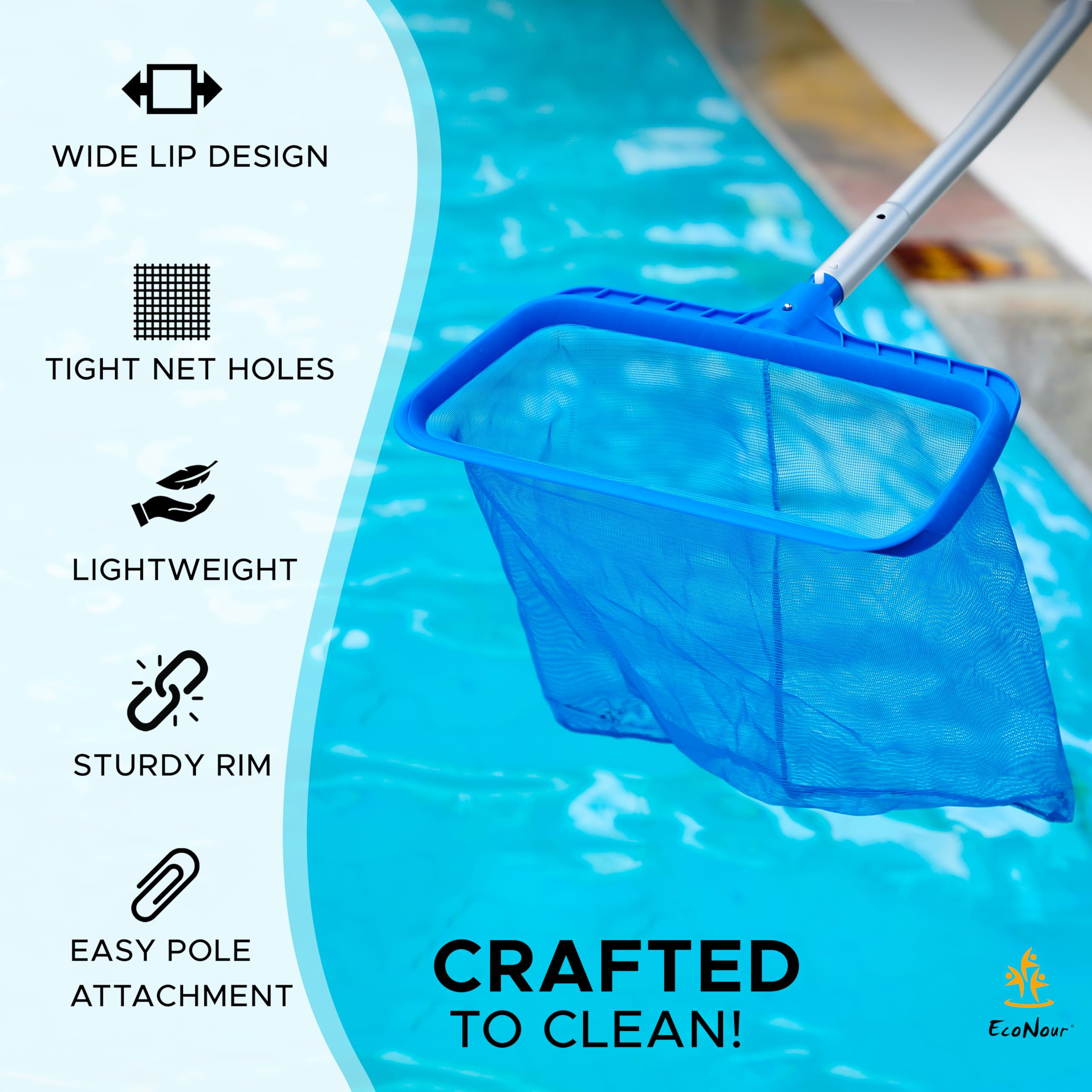 EcoNour Pool Skimmer Net, Pool nets for Cleaning Leaves with deep rake net, Heavy Duty Swimming Pool Leaf Rake Cleaning Tool with Fine Mesh Frame Fits Standard Poles