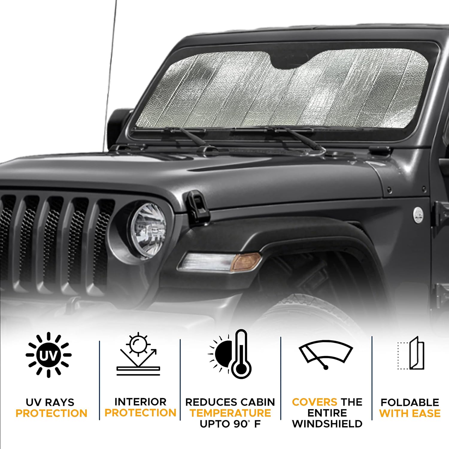 EcoNour Accordion Windshield Sun Shade | Car Shade Front Windshield to Block Harmful UV Rays | Automotive Window Sunshades to Keep Your Car Cool | Fits Best for Wrangler | XS (53 x 17 inches)