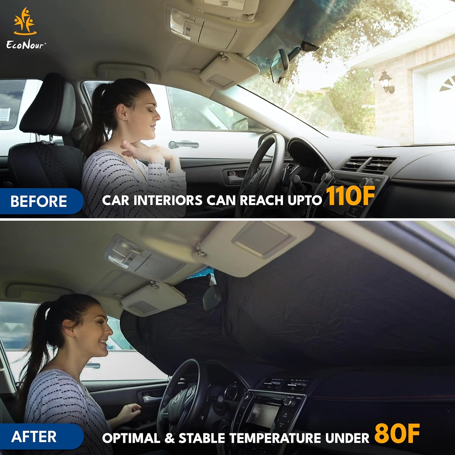 EcoNour Truck Windshield Sun Shade & Sun Block | Sun Shade for Windshield | Automotive Interior Accessories & Truck Window Shades for Heat & UV Protection | X-Large (69