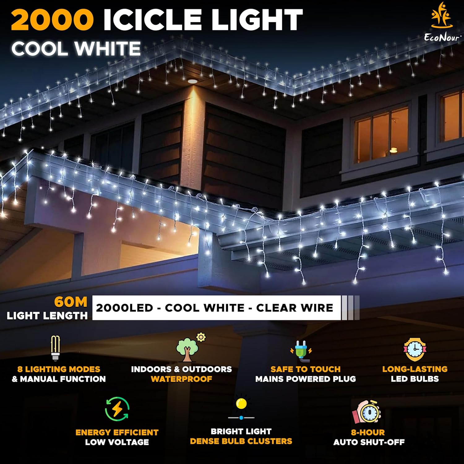 EcoNour Icicle Lights Outdoor Christmas Lights 2000 LED 60M Cool White Decorations String Fairy Lights with Timer for Xmas Garden & Party | Mains Powered Clear Cable