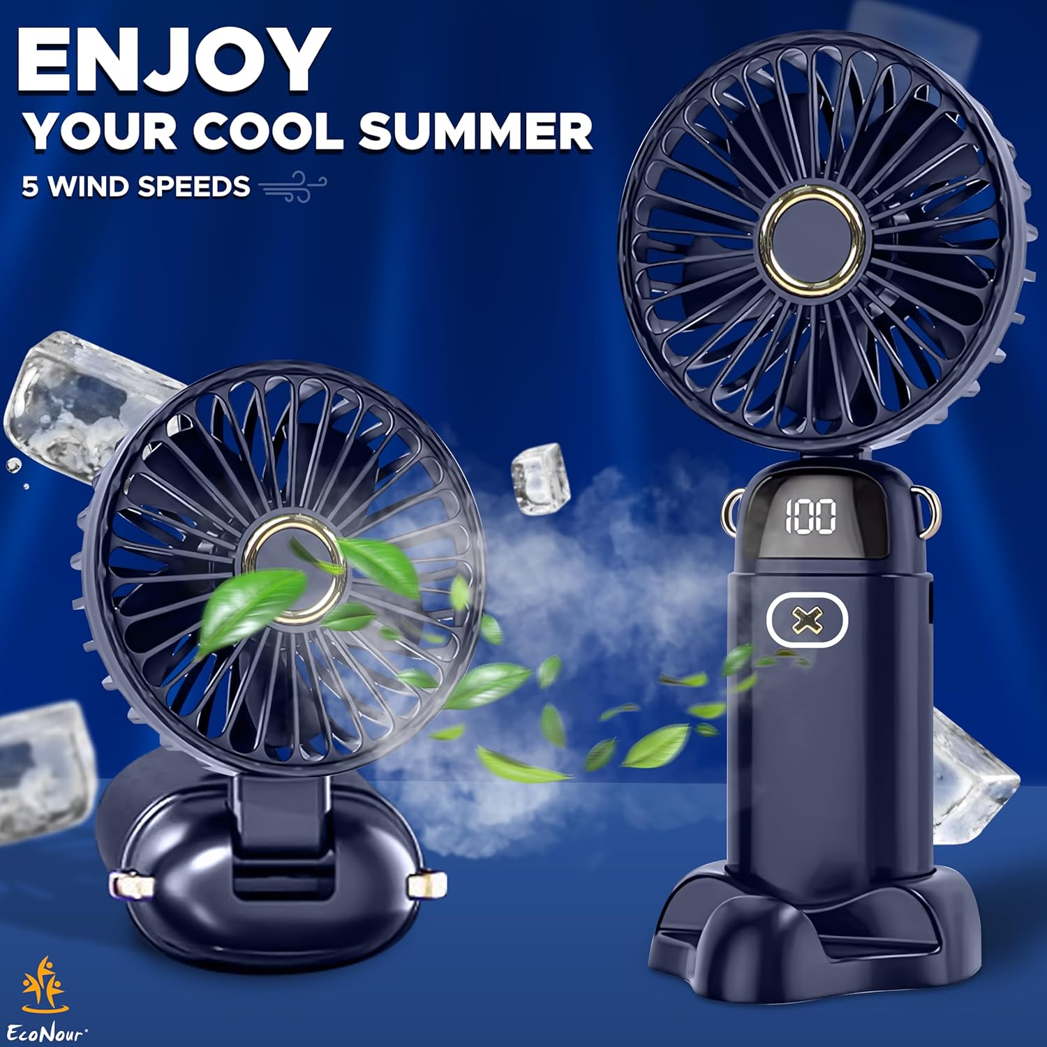 EcoNour Portable Handheld Fan | USB Rechargeable Mini Fan with 5 Speeds | LED Display and Foldable Design | Battery Operated Mini Fan for Home, Office, Bedroom, and Travel