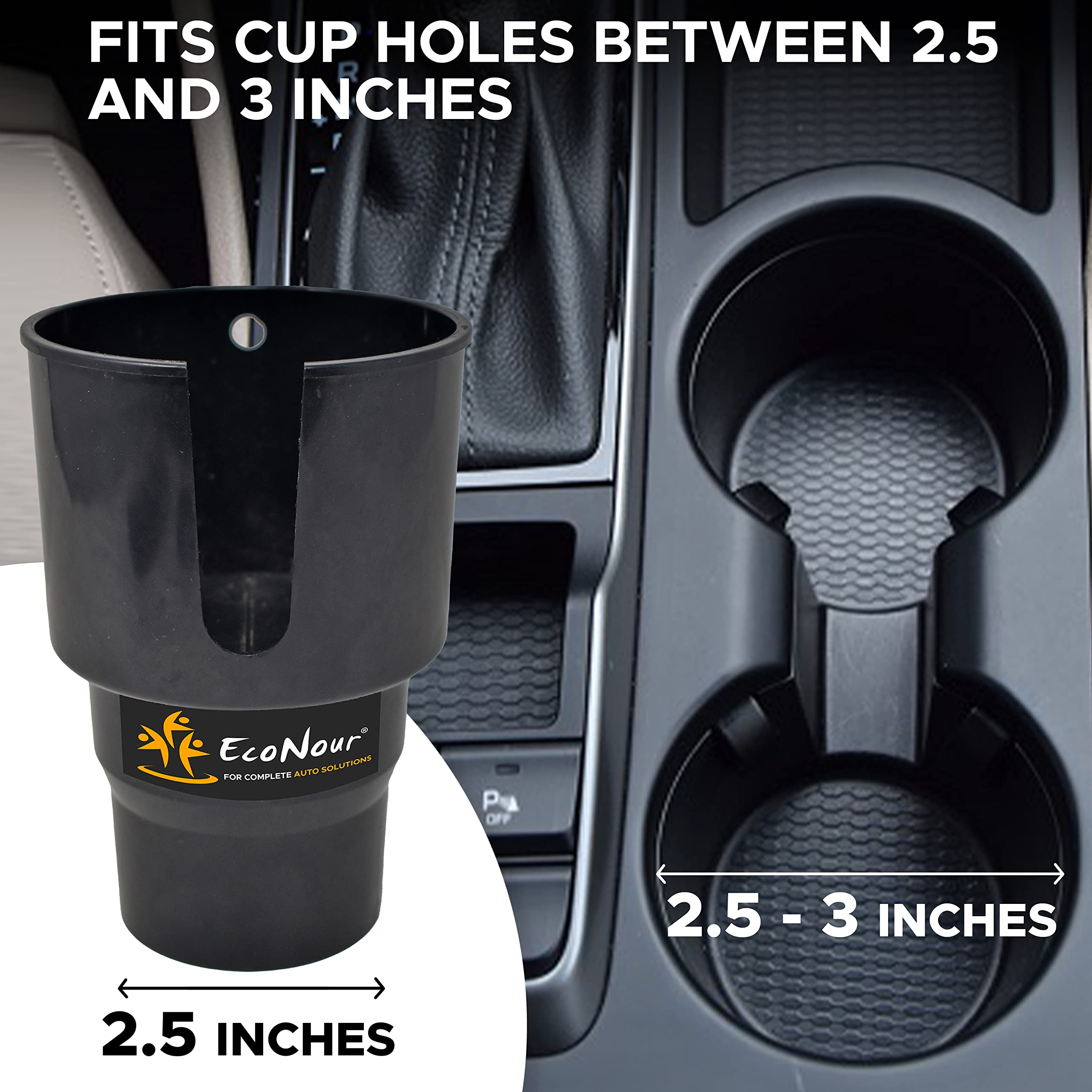 EcoNour Car Cup Holder Expander, universal fit for large water bottles and coffee cups in cars.