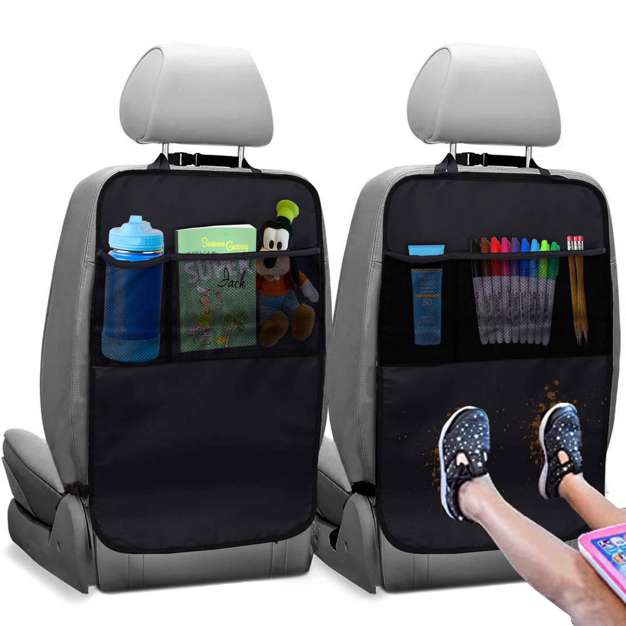 thumbnail image 2 of Leather Backseat Car Organizer & Kick Mat - Waterproof With Storage Pockets, Beige 2 of 10