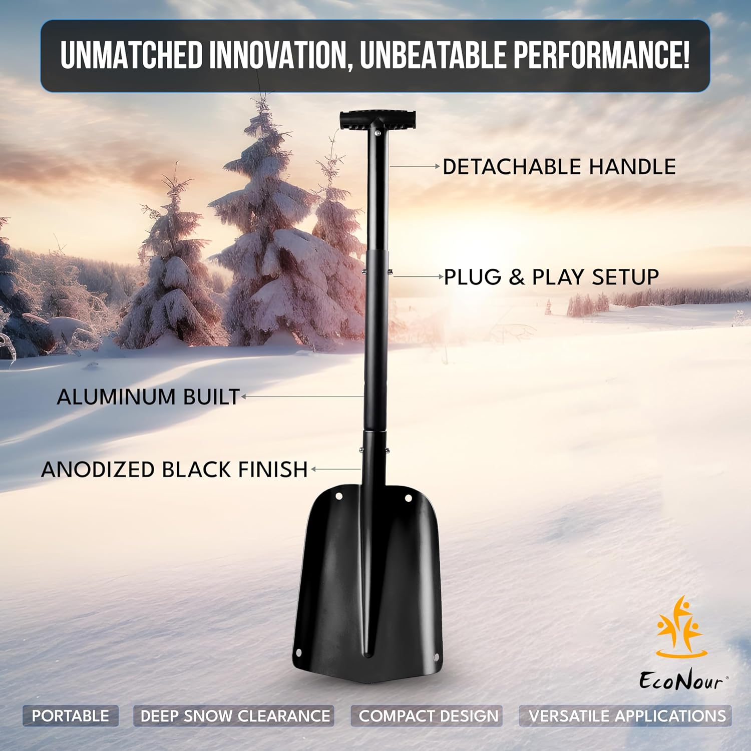 EcoNour Multipurpose Snow Shovel for Car, 3-piece heavy-duty foldable design for outdoor use.