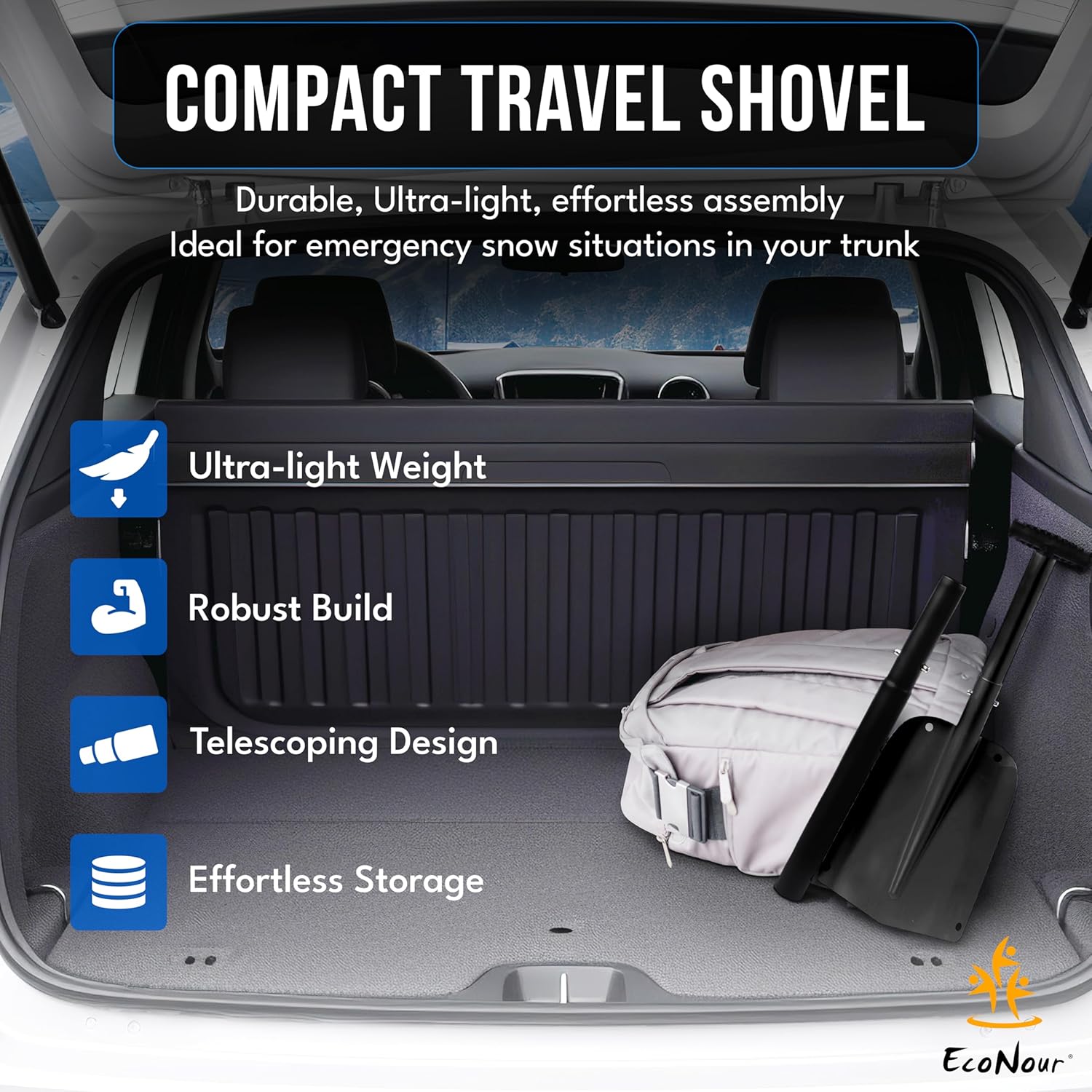 Multipurpose Snow Shovel for Car, EcoNour aluminum shovel for snow, sand, and garden tasks.