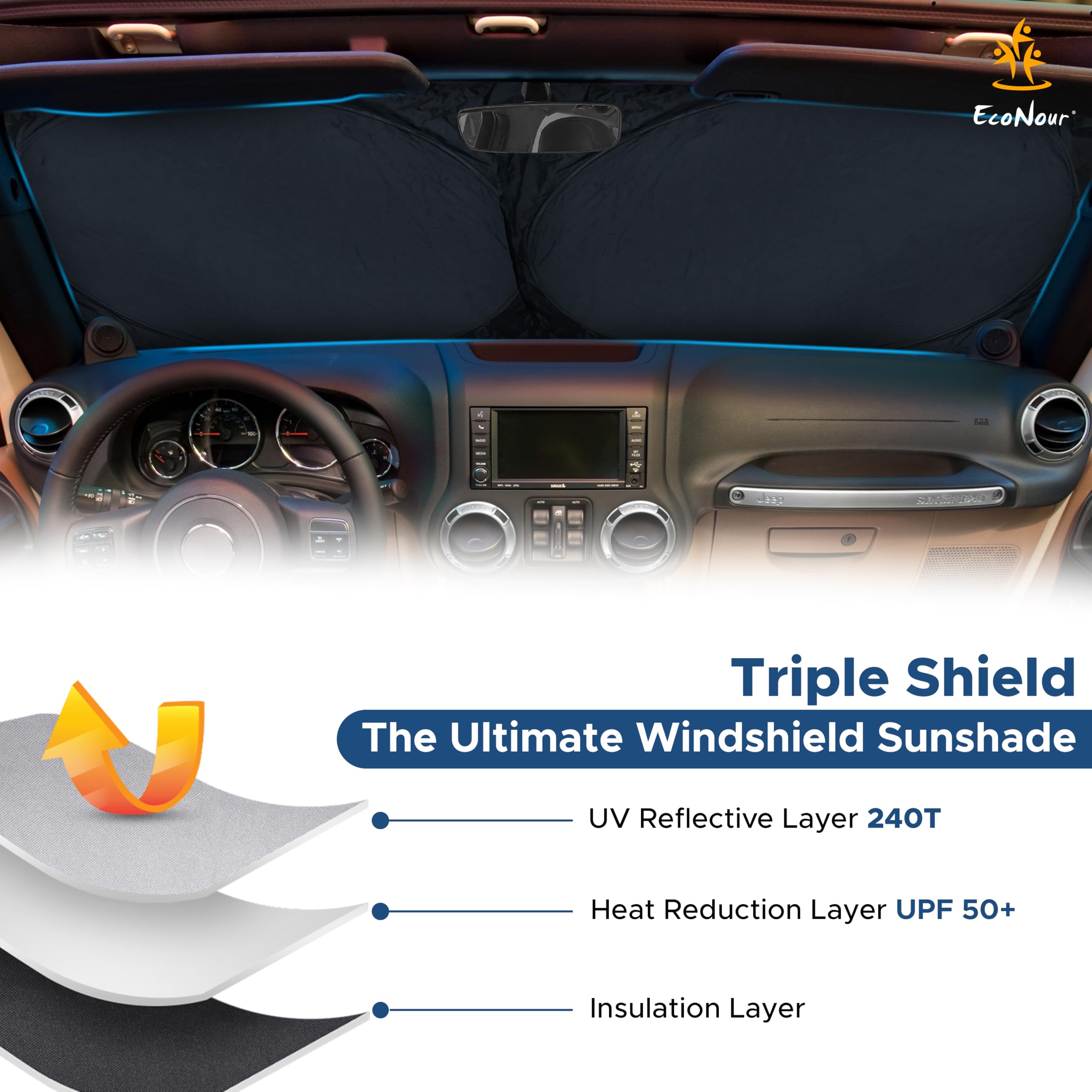 Jeep Wrangler Windshield Sunshade – UV and Heat Protection Sun Visor
