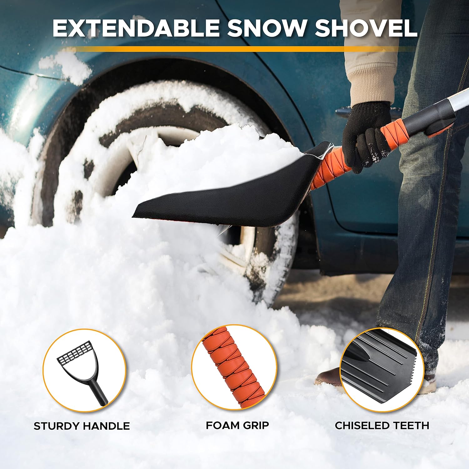EcoNour 6-in-1 Snow Shovel & Rotating Snow Brush, winter car accessory with ice scraper for snow and frost.