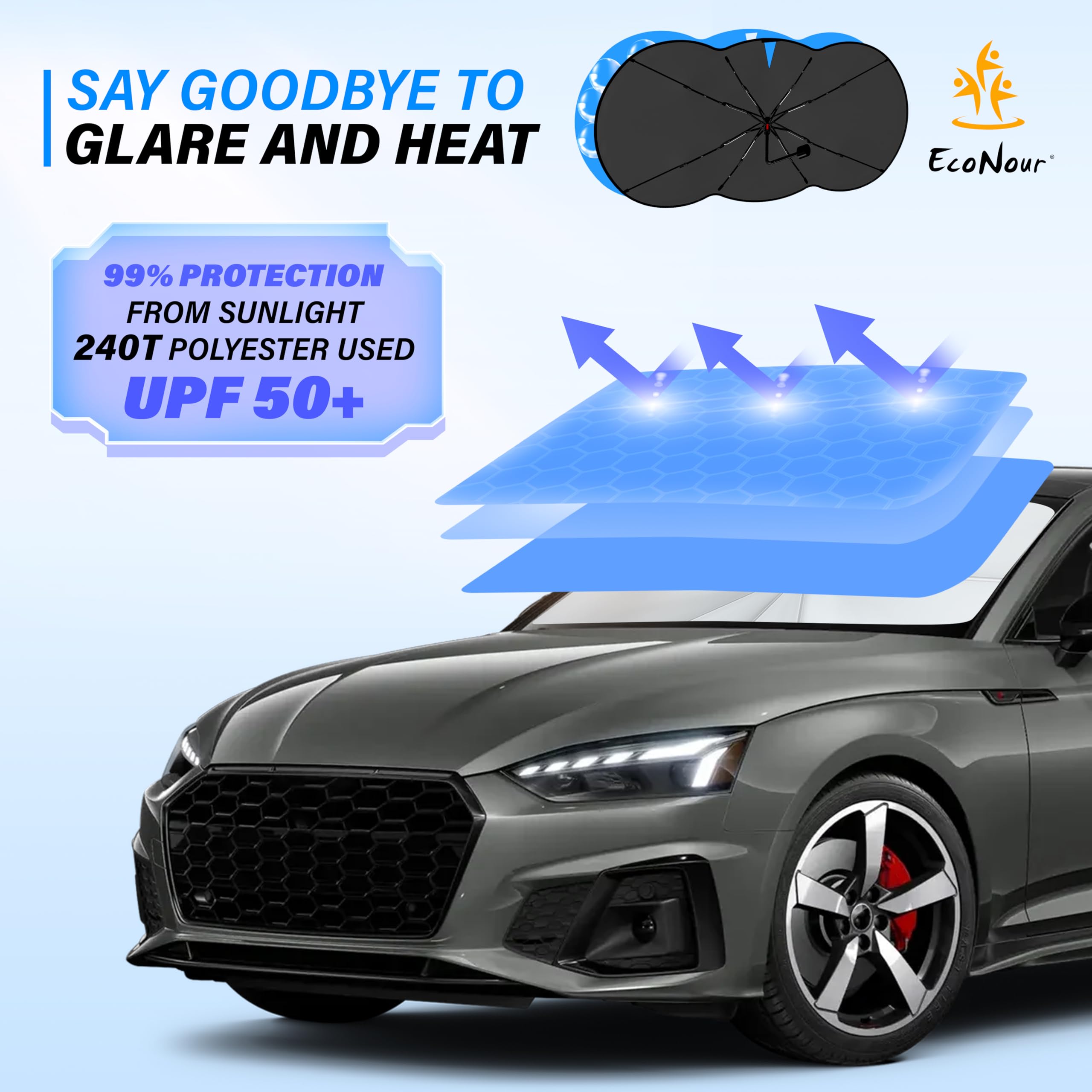 Car Windshield Sunshade Umbrella by EcoNour, 240T polyester foldable sunshade for cars.