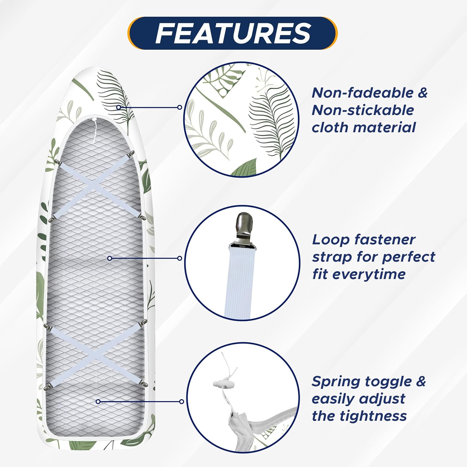 EcoNour Ironing Board Covers 124 x 38 cm Extra Thick 7mm Padding, 100% Cotton Top Covers Easy-Fit for Protecting Ironing Board Cover Complete Set with 4 Strings and Scorch Resistant Padding - Large