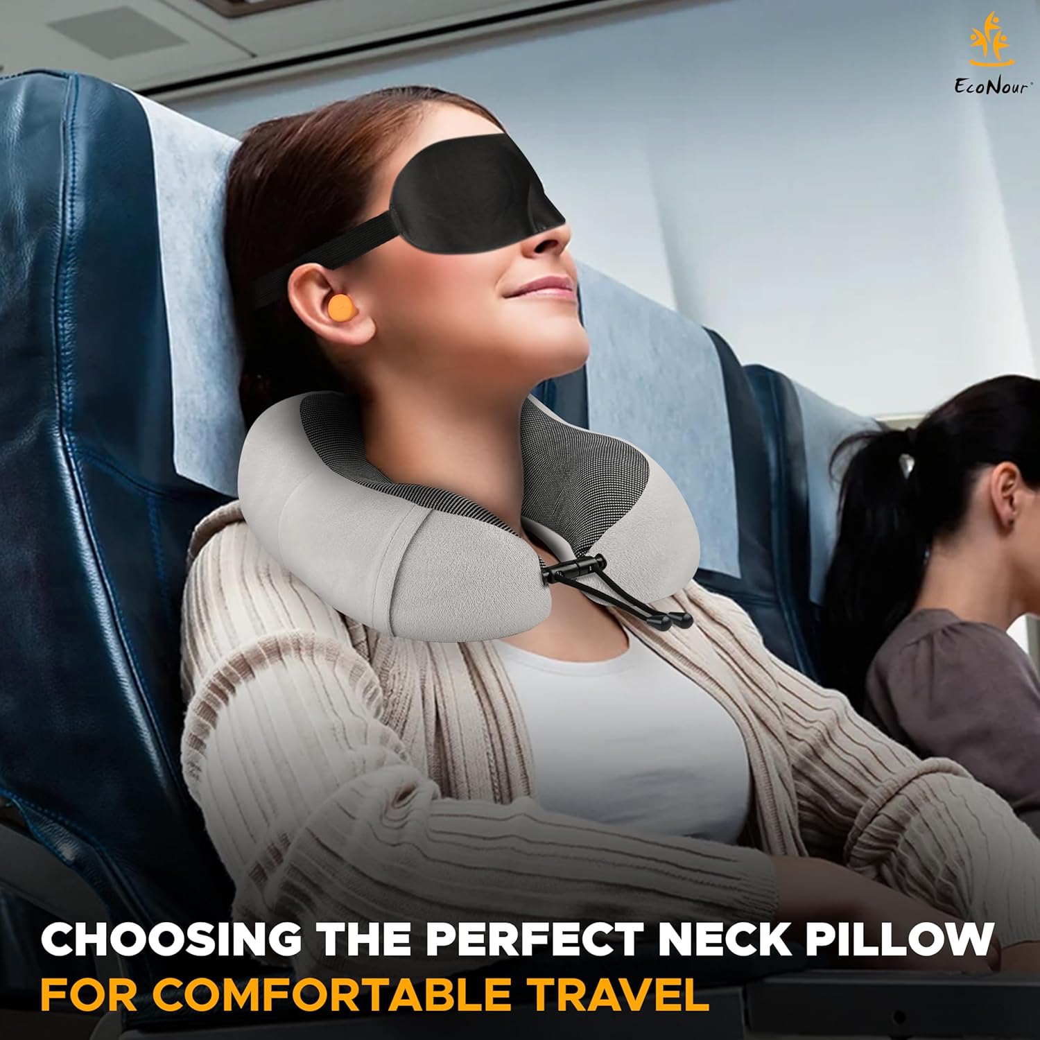 EcoNour Soft Travel Neck Pillow Set | Soft and Comfortable for Airplanes| Includes Eye Masks, Earplugs, & Mesh Bag | Neck Support with Adjustable Rope Memory Foam Support with Zipper